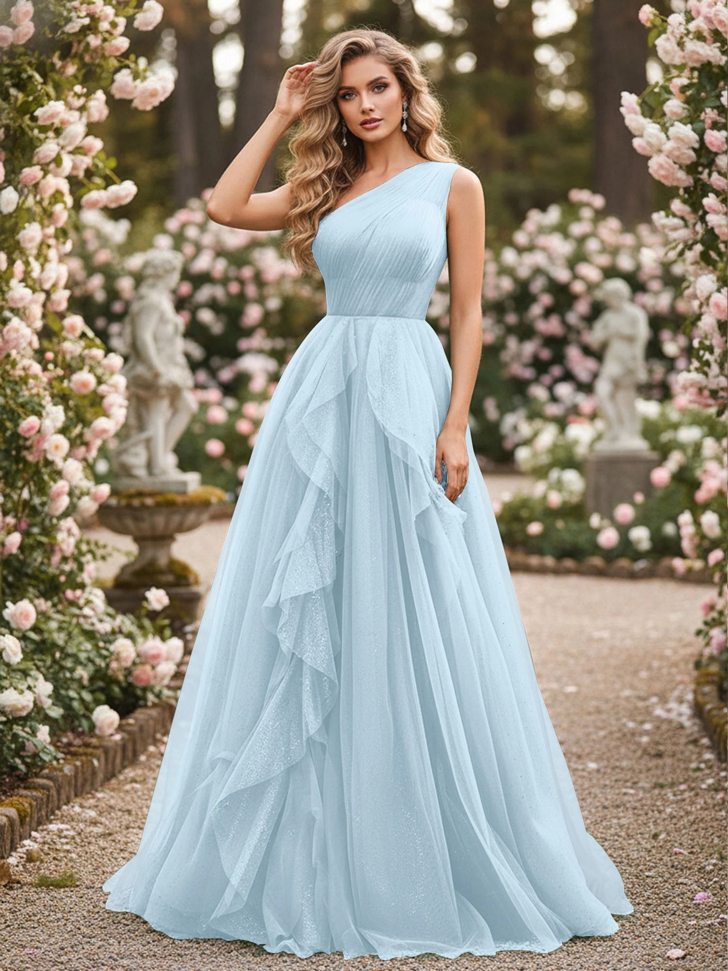 Glänzend Tüll A-Linie Kleid mit kaskadierenden Rüschen Himmelblau