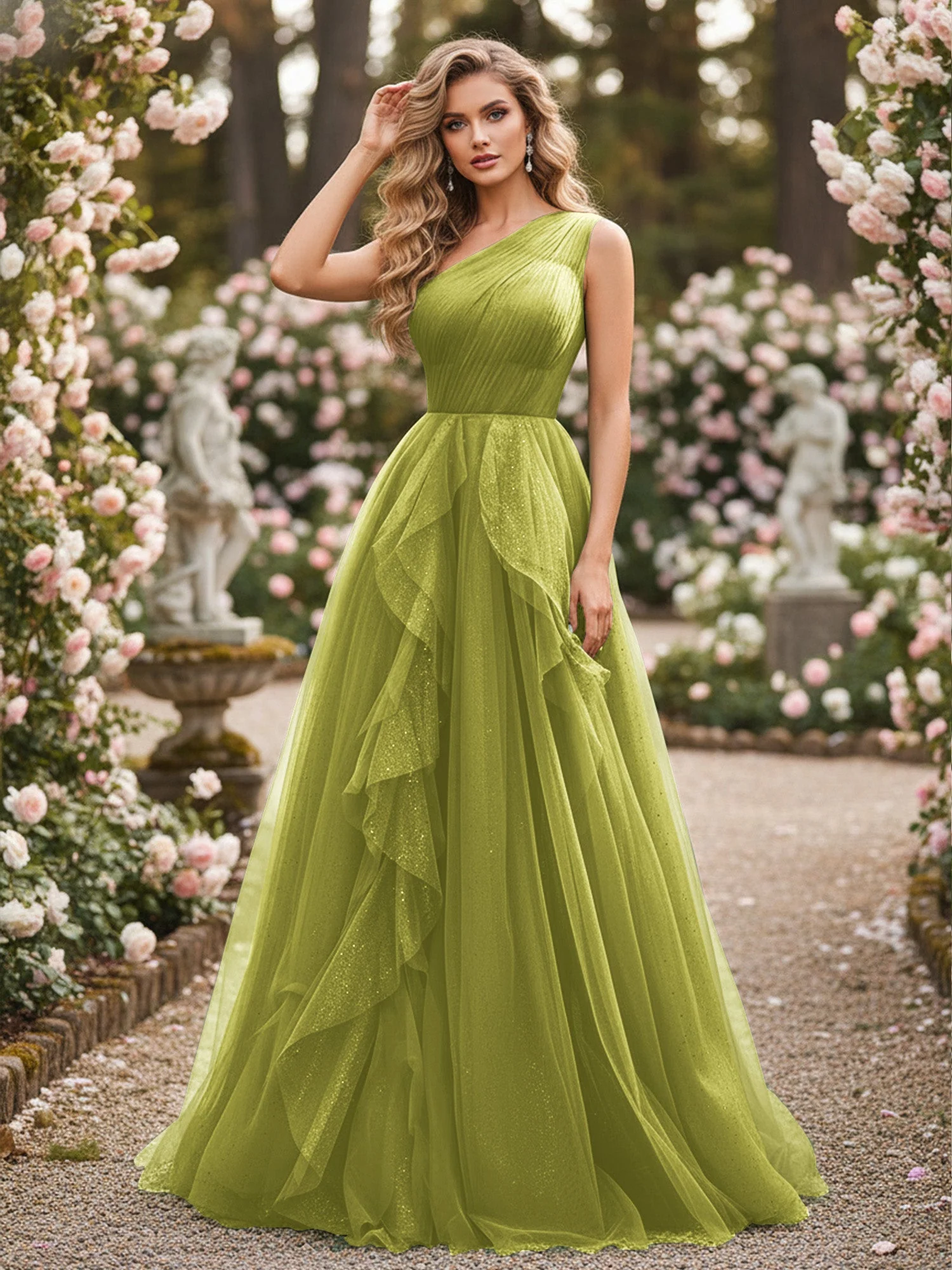 Glänzend Tüll A-Linie Kleid mit kaskadierenden Rüschen Kleegrün