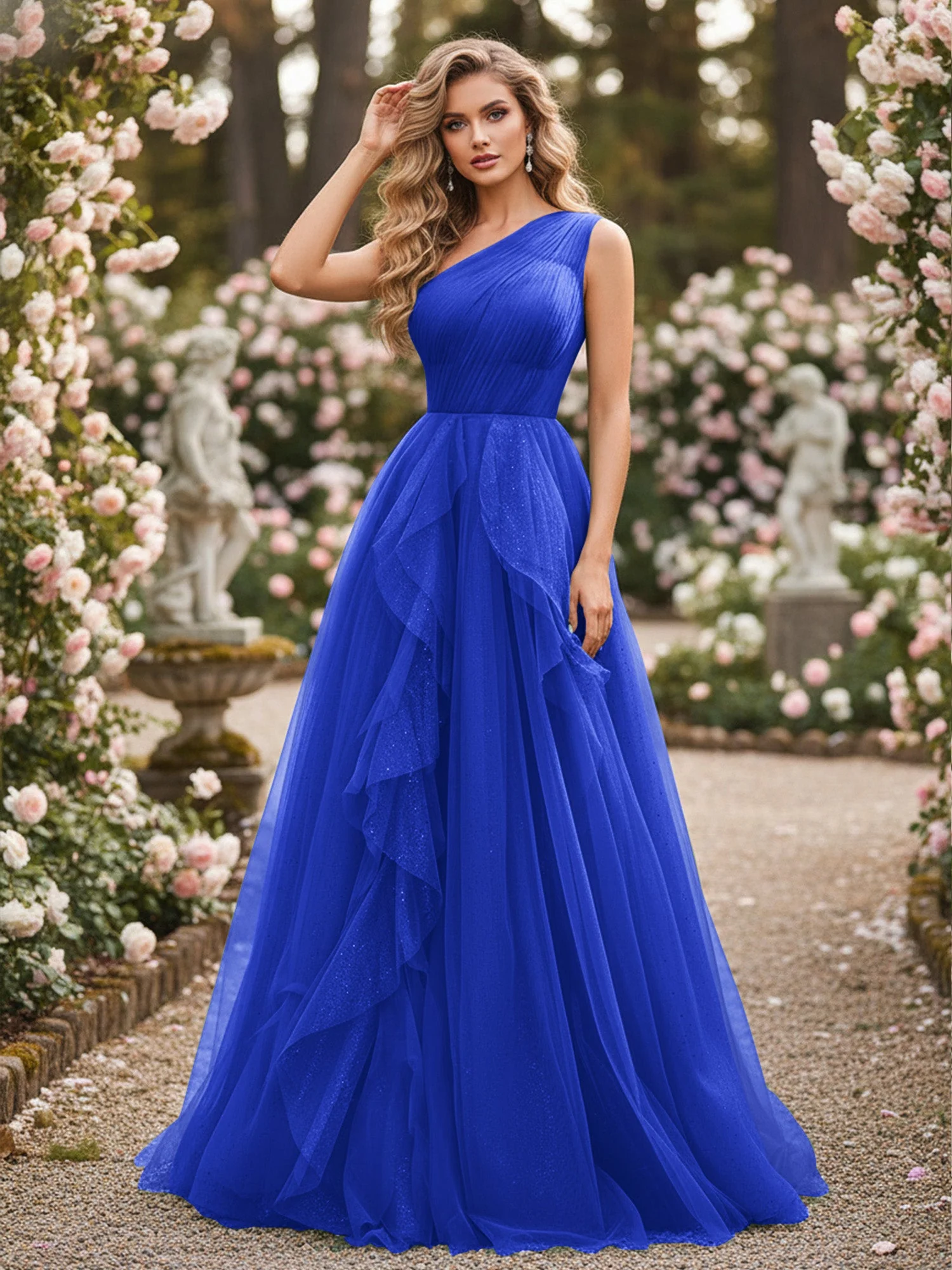 Glänzend Tüll A-Linie Kleid mit kaskadierenden Rüschen Königsblau