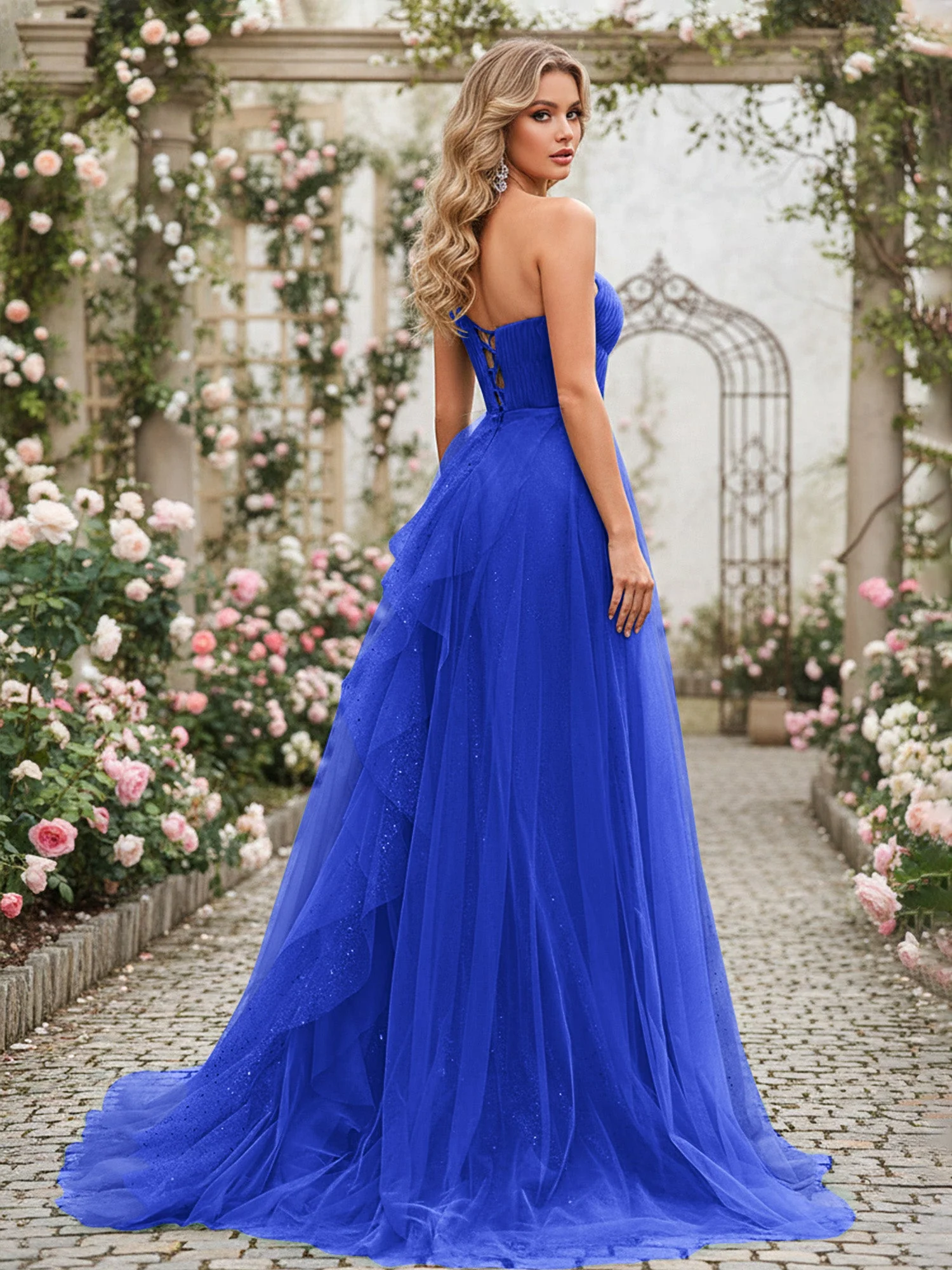 Glänzend Tüll A-Linie Kleid mit kaskadierenden Rüschen Königsblau - Image 2