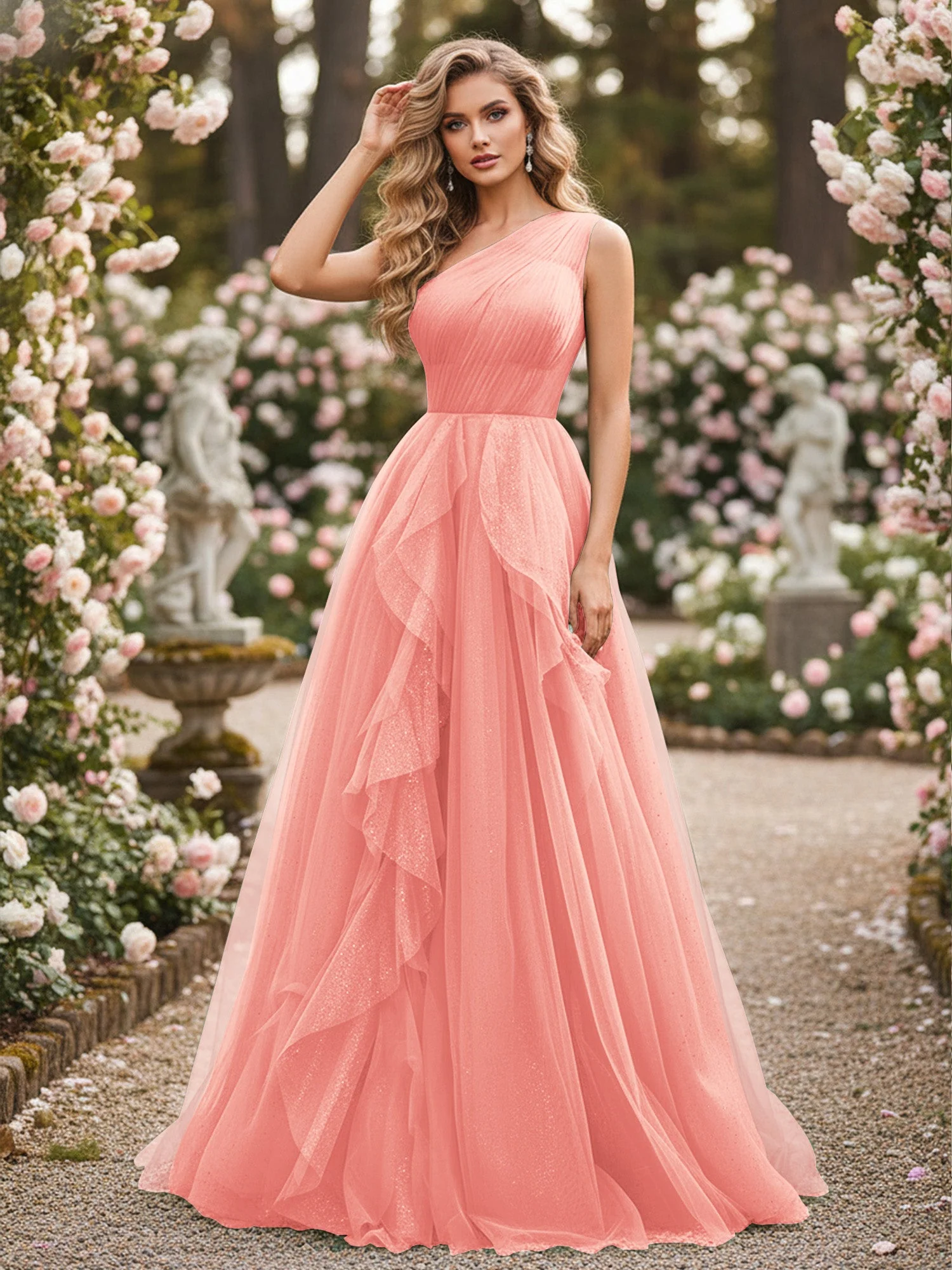 Glänzend Tüll A-Linie Kleid mit kaskadierenden Rüschen Koralle