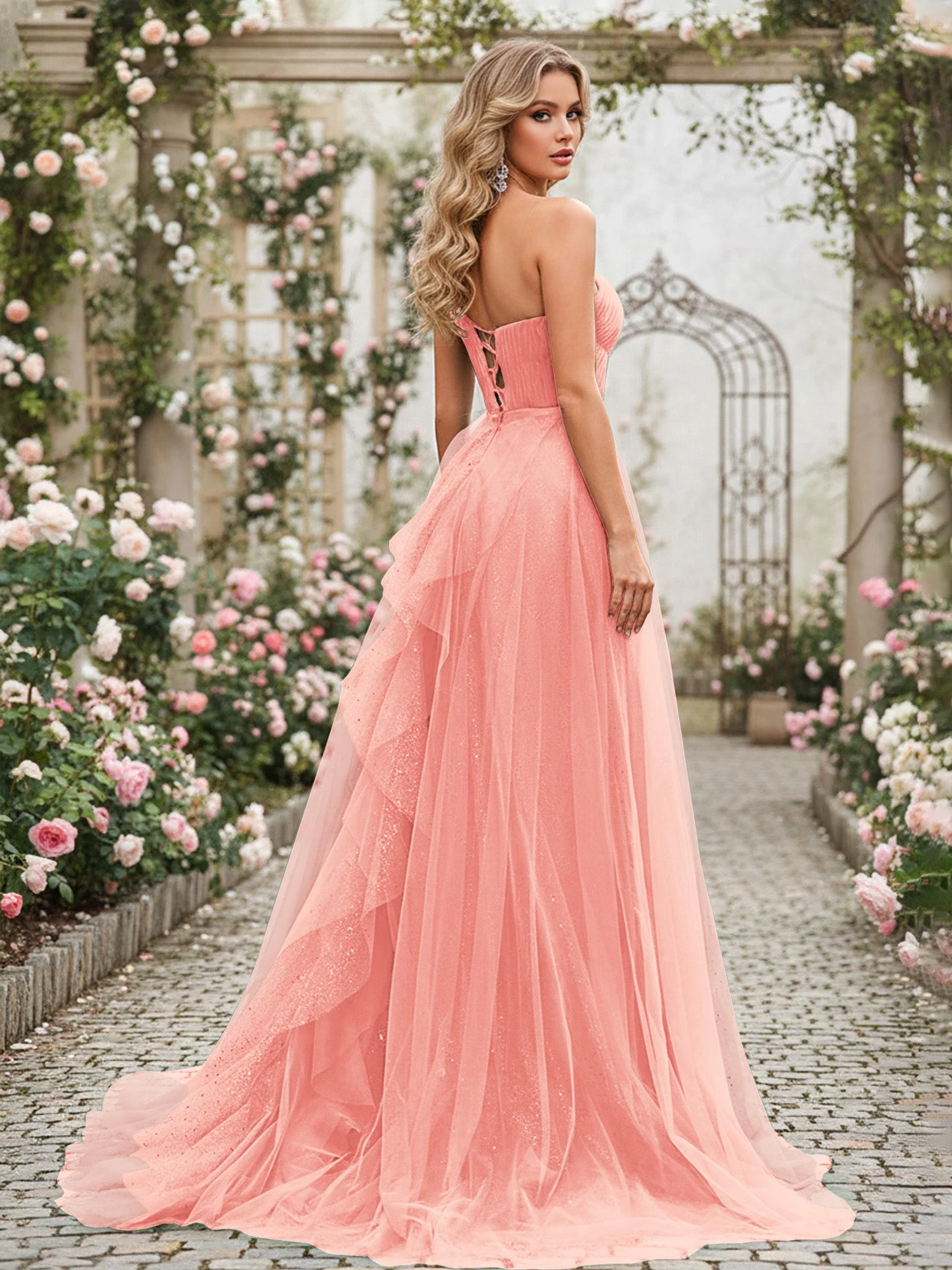 Glänzend Tüll A-Linie Kleid mit kaskadierenden Rüschen Koralle - Image 2