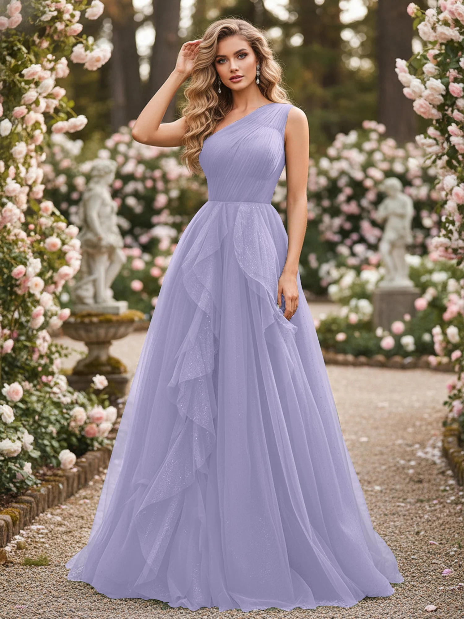 Glänzend Tüll A-Linie Kleid mit kaskadierenden Rüschen Lavendel