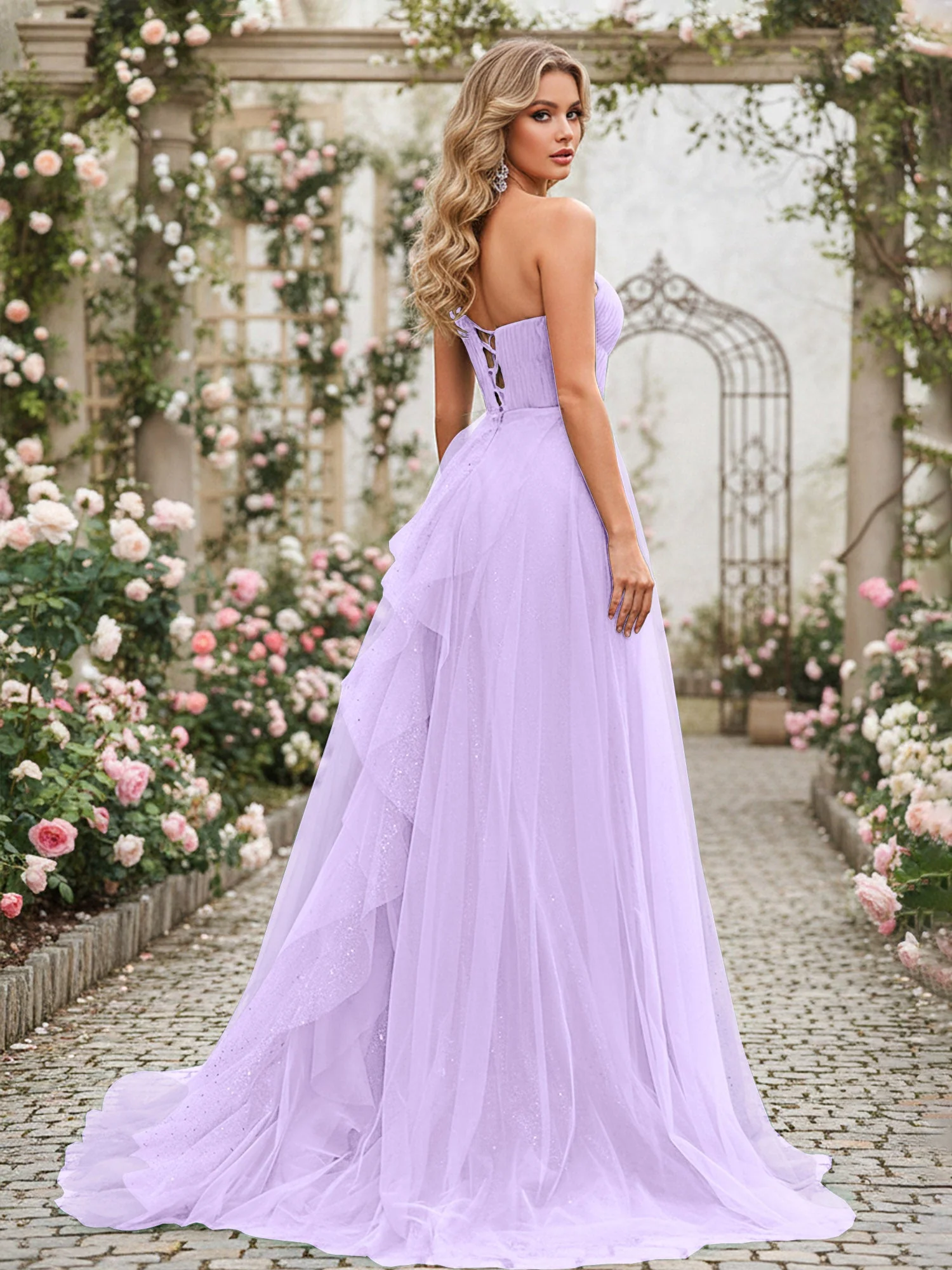 Glänzend Tüll A-Linie Kleid mit kaskadierenden Rüschen Lila - Image 2