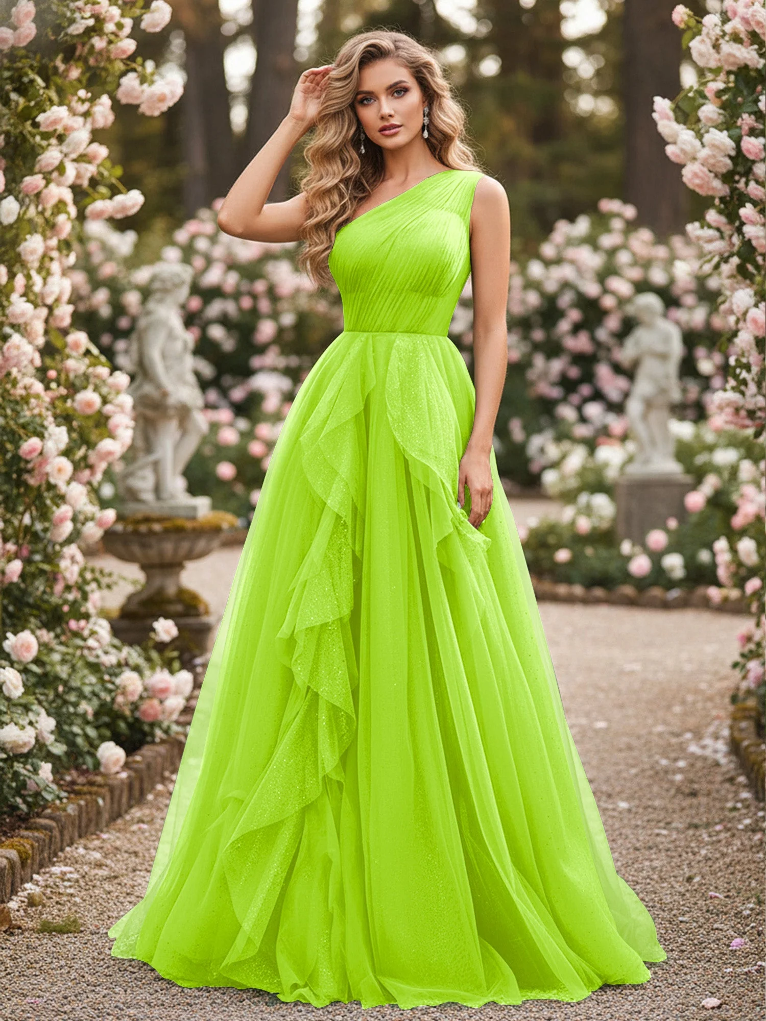 Glänzend Tüll A-Linie Kleid mit kaskadierenden Rüschen Lindgrün