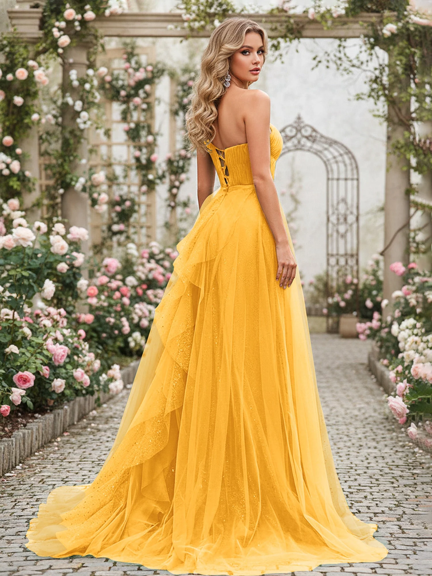 Glänzend Tüll A-Linie Kleid mit kaskadierenden Rüschen Mandarine - Image 2