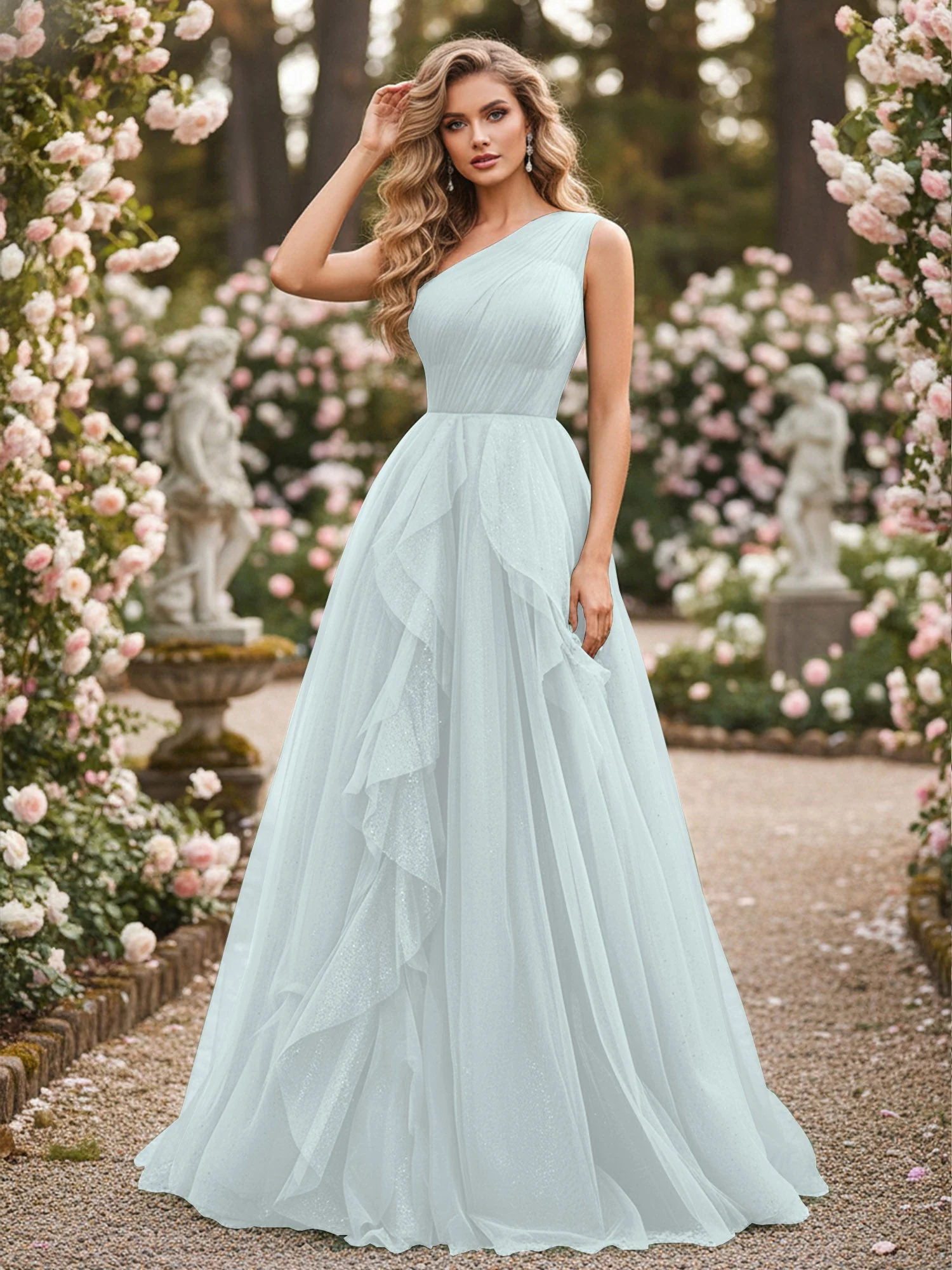 Glänzend Tüll A-Linie Kleid mit kaskadierenden Rüschen Nebel