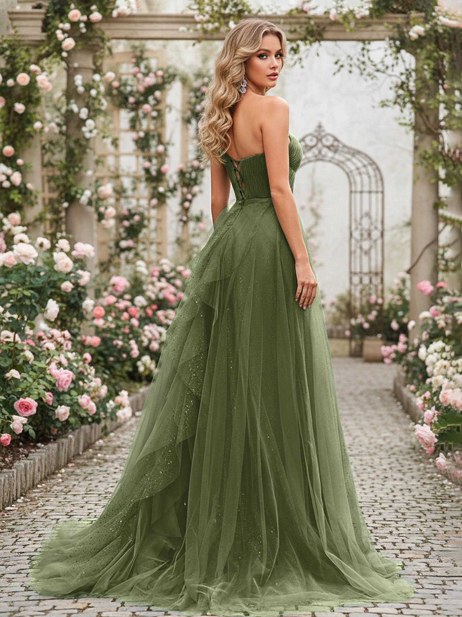 Glänzend Tüll A-Linie Kleid mit kaskadierenden Rüschen Olivgrün - Image 2