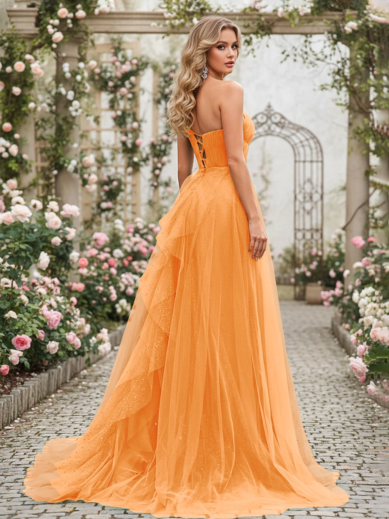 Glänzend Tüll A-Linie Kleid mit kaskadierenden Rüschen Orange - Image 2