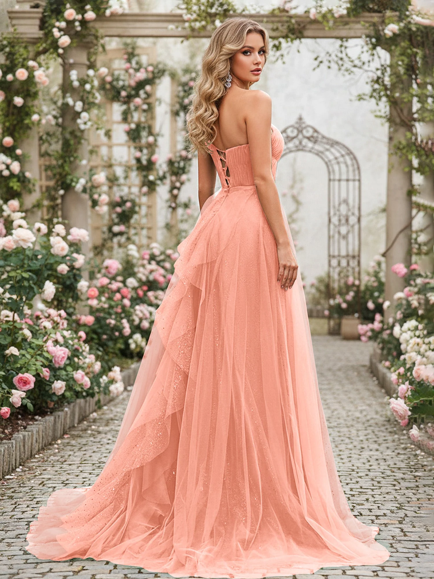 Glänzend Tüll A-Linie Kleid mit kaskadierenden Rüschen Papaya - Image 2