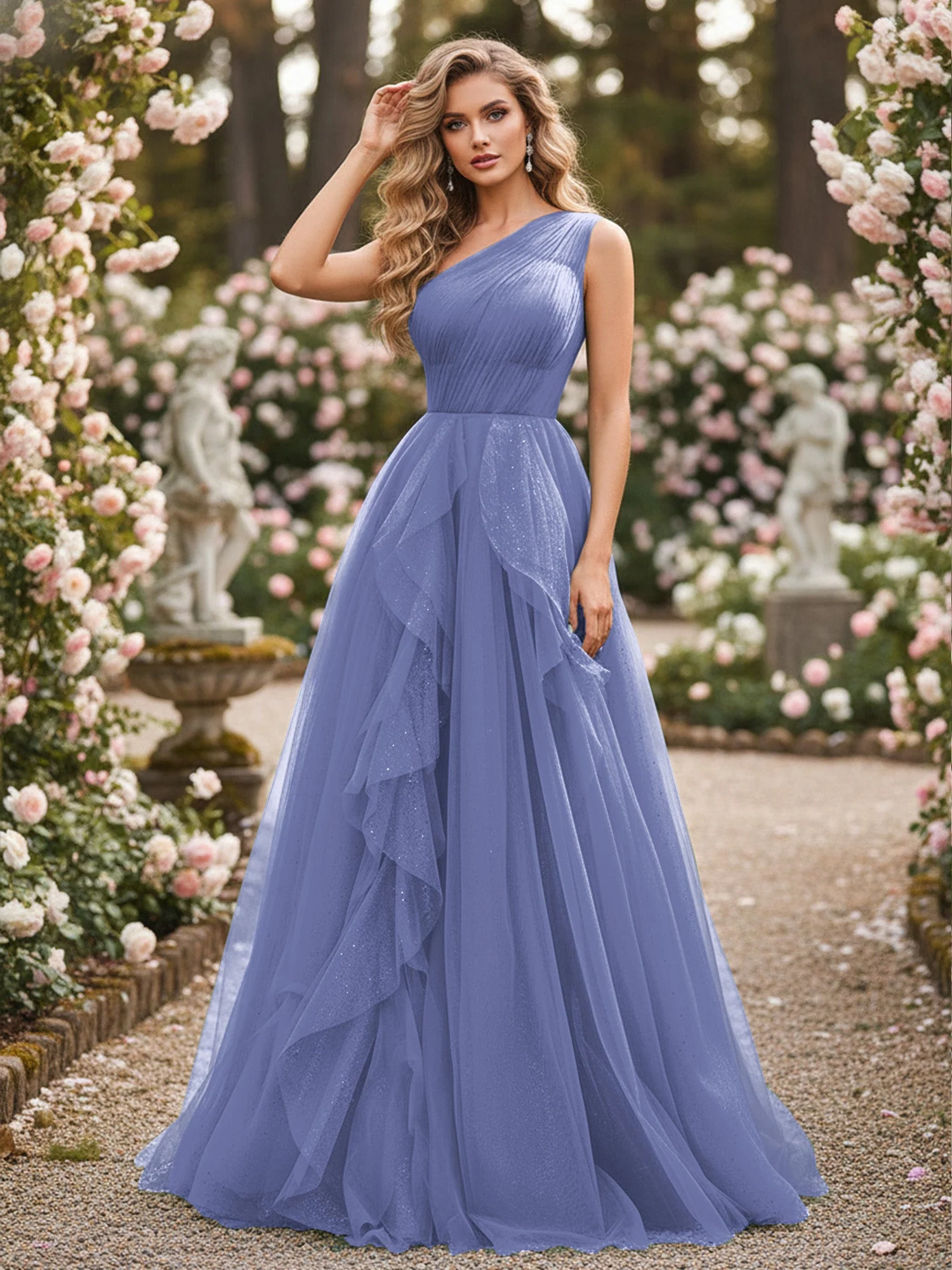 Glänzend Tüll A-Linie Kleid mit kaskadierenden Rüschen Periwinkleblau