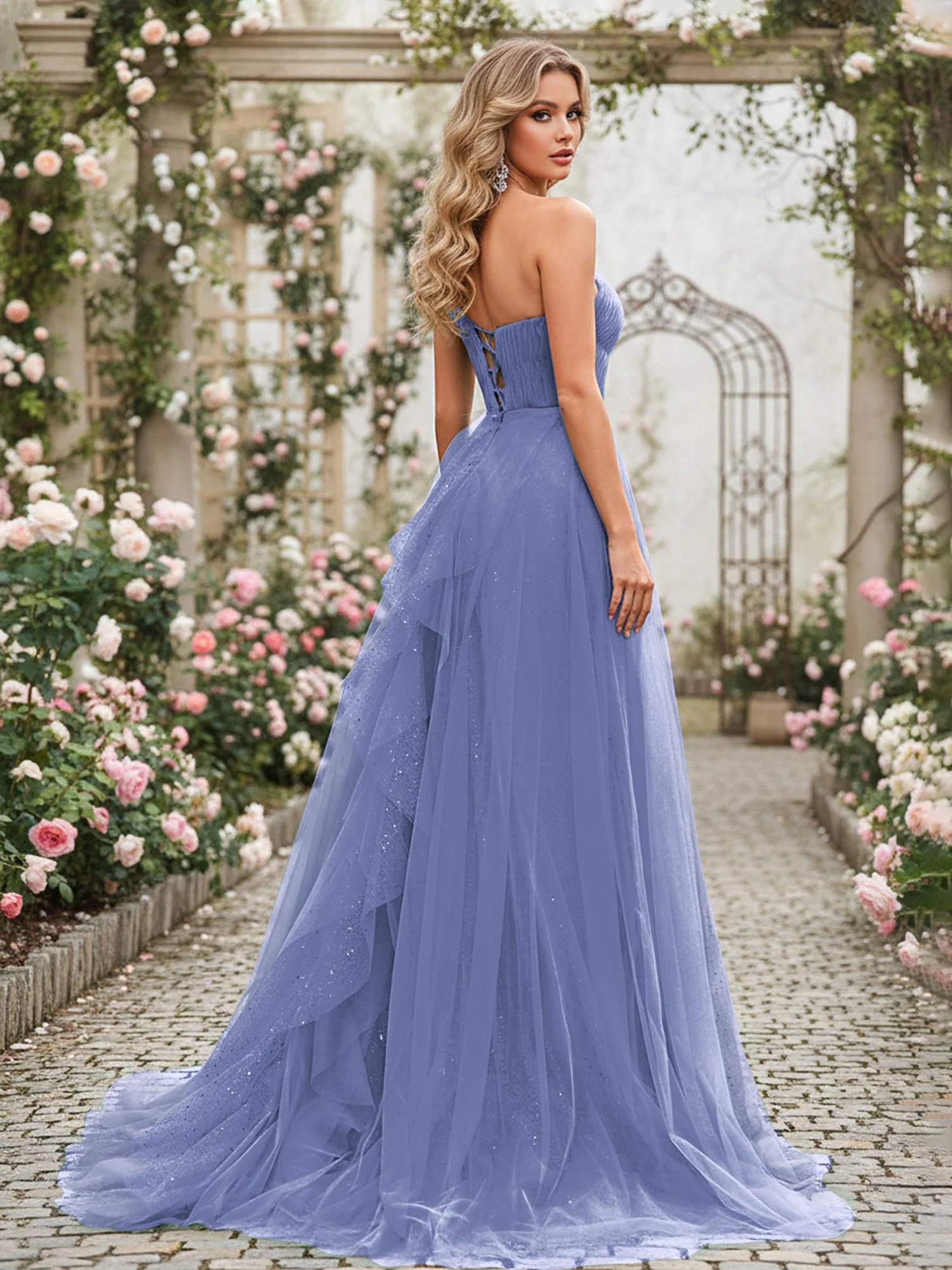 Glänzend Tüll A-Linie Kleid mit kaskadierenden Rüschen Periwinkleblau - Image 2