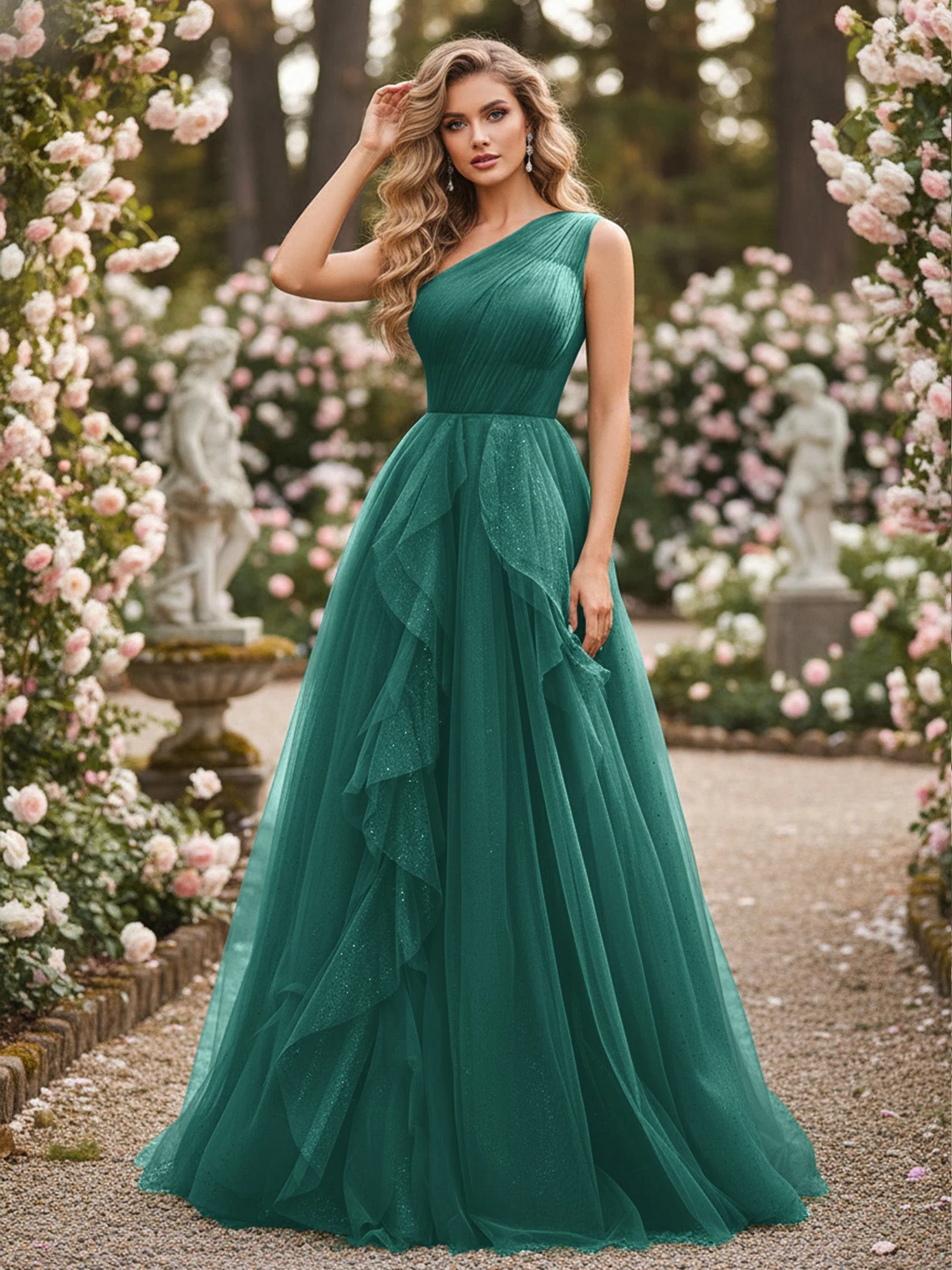 Glänzend Tüll A-Linie Kleid mit kaskadierenden Rüschen Pfau