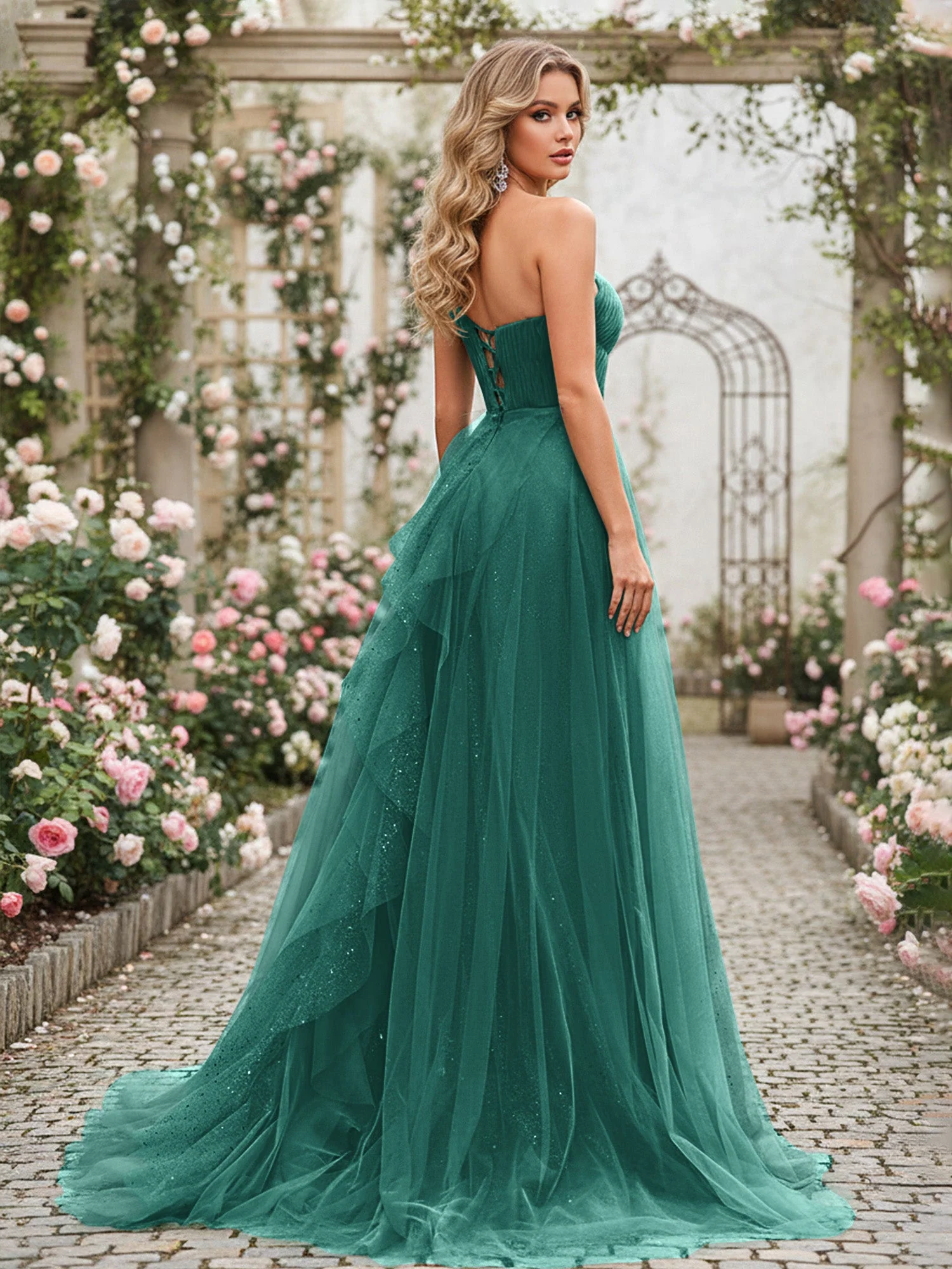 Glänzend Tüll A-Linie Kleid mit kaskadierenden Rüschen Pfau - Image 2