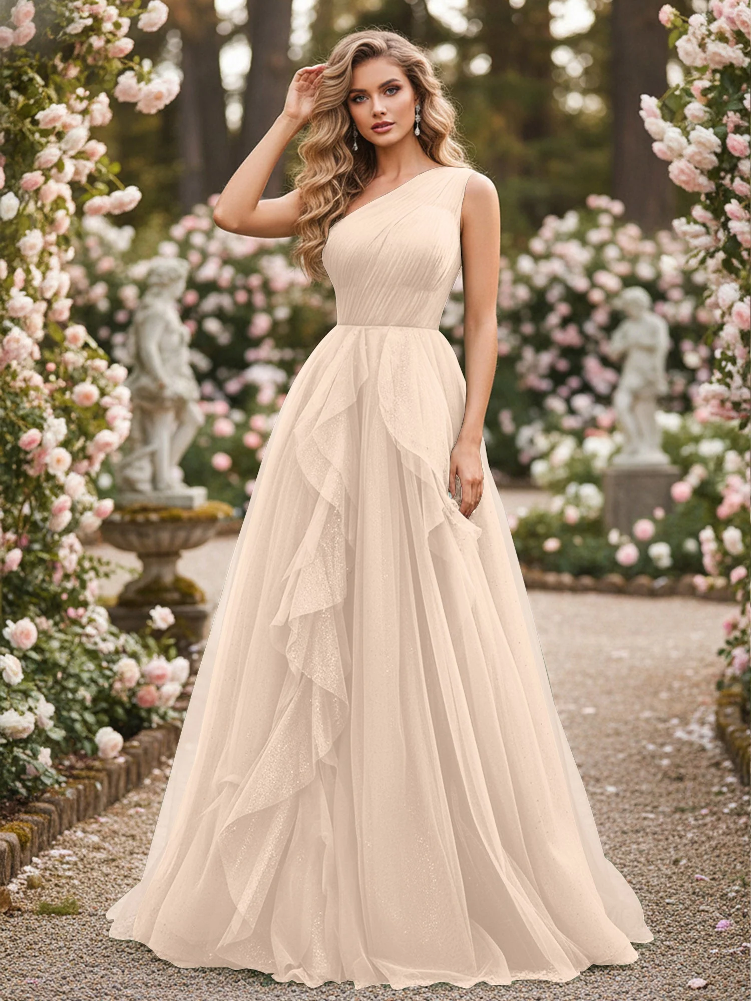 Glänzend Tüll A-Linie Kleid mit kaskadierenden Rüschen Pfirsich