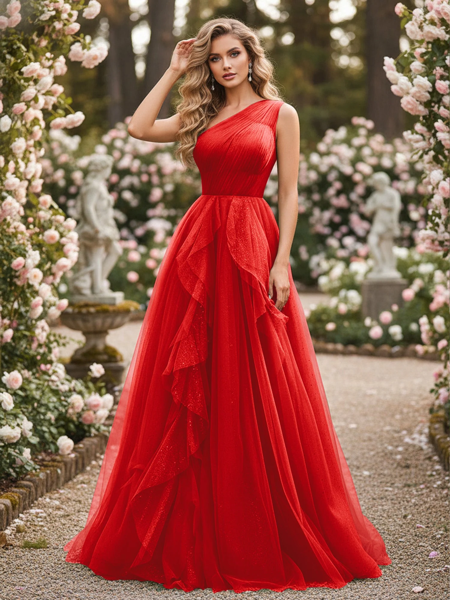 Glänzend Tüll A-Linie Kleid mit kaskadierenden Rüschen Rot