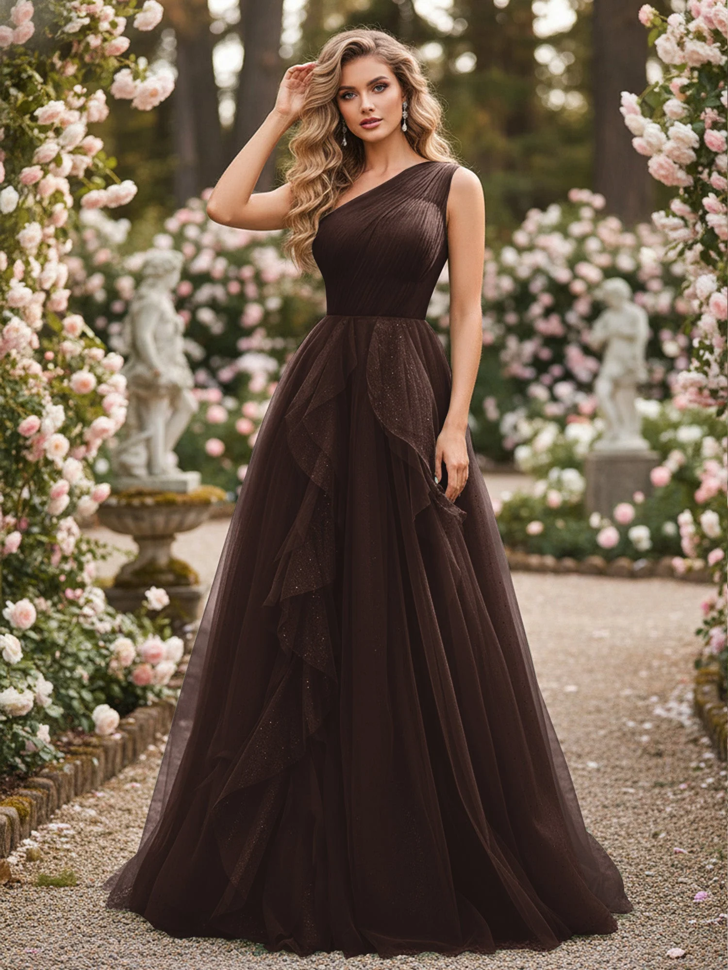 Glänzend Tüll A-Linie Kleid mit kaskadierenden Rüschen Schokolade