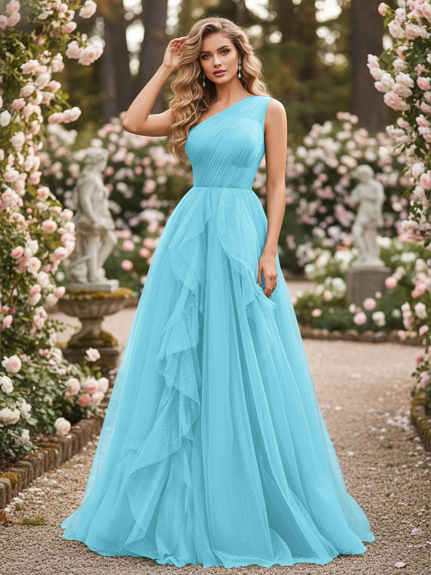 Glänzend Tüll A-Linie Kleid mit kaskadierenden Rüschen Schwimmbadblau