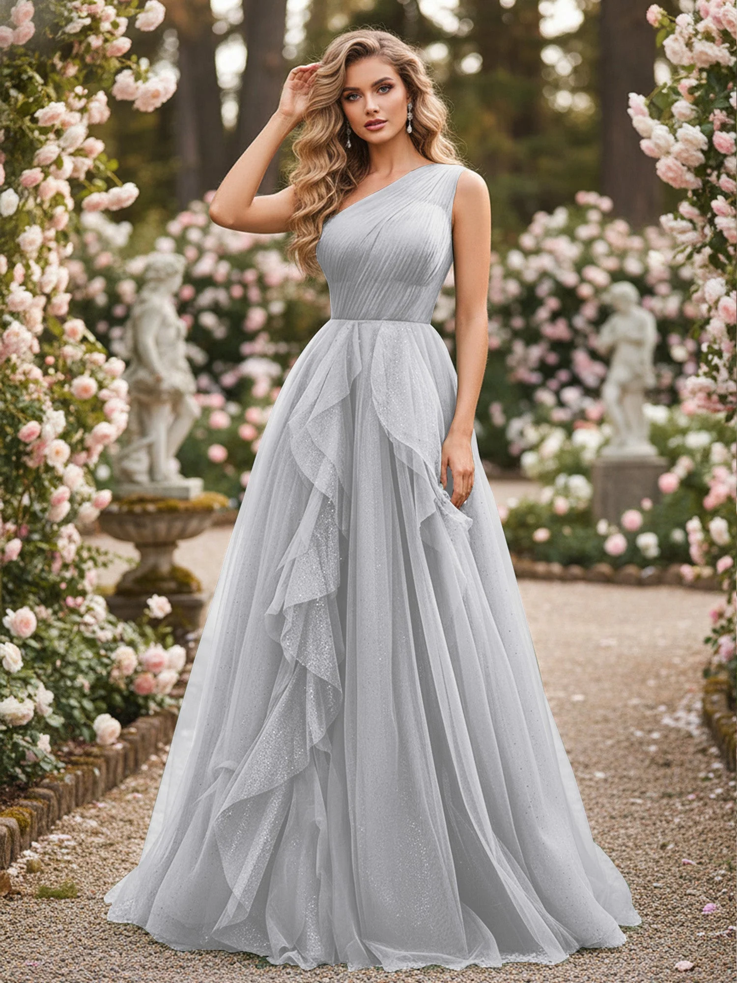 Glänzend Tüll A-Linie Kleid mit kaskadierenden Rüschen Silber