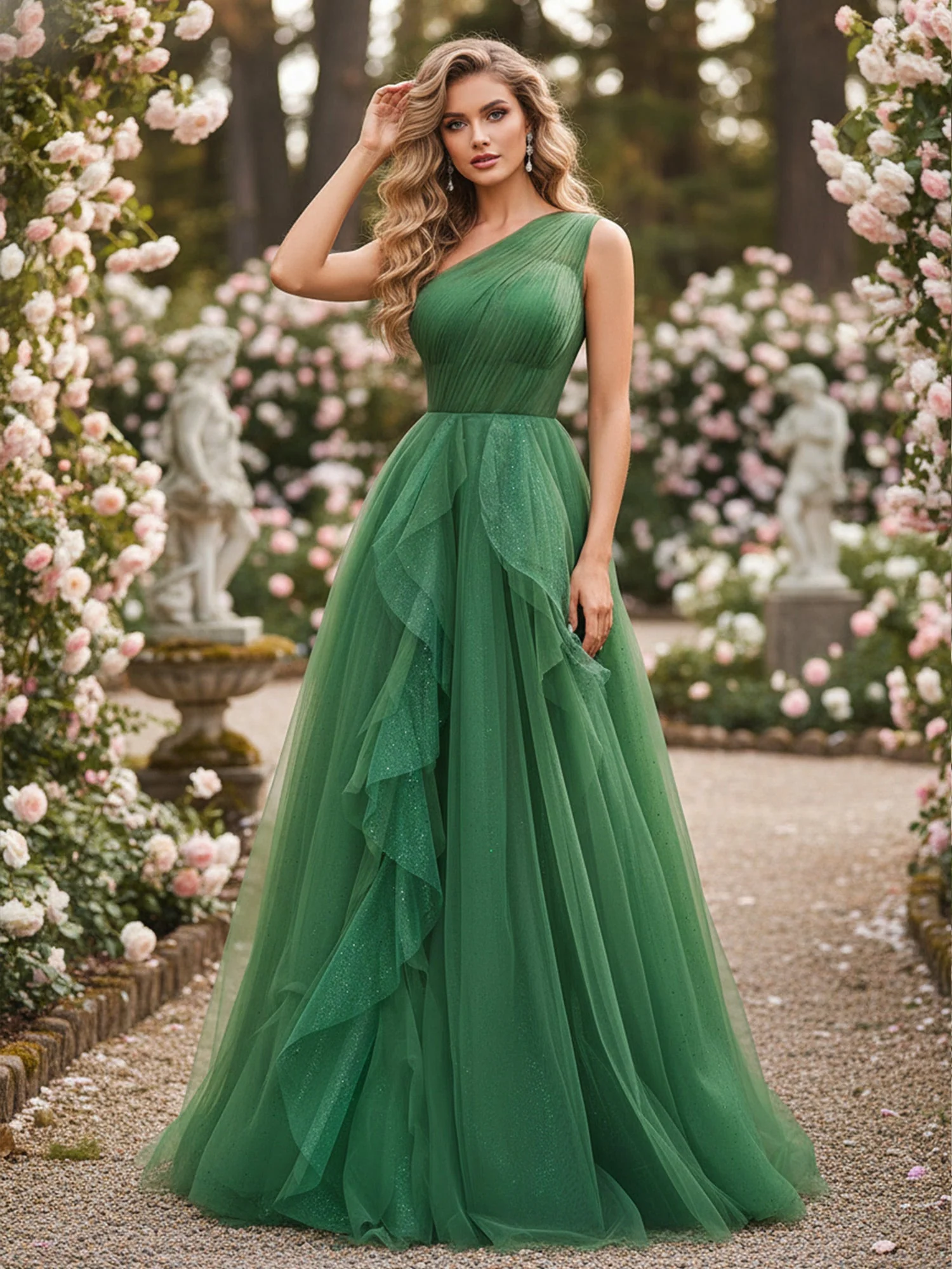 Glänzend Tüll A-Linie Kleid mit kaskadierenden Rüschen Smaragd
