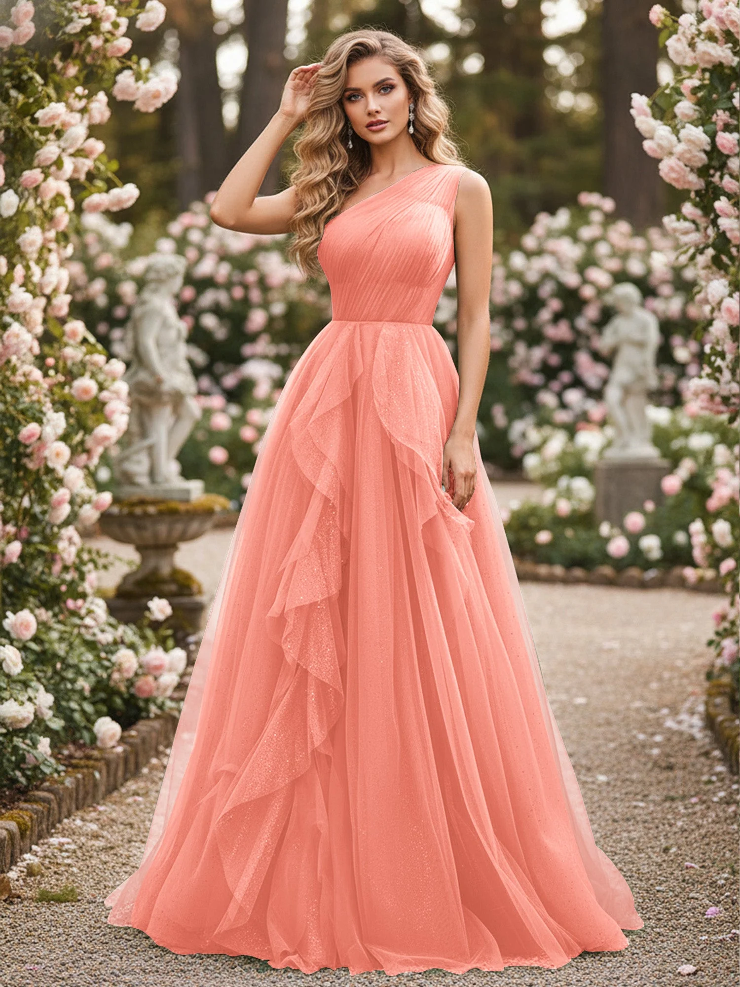 Glänzend Tüll A-Linie Kleid mit kaskadierenden Rüschen Sonnenuntergang