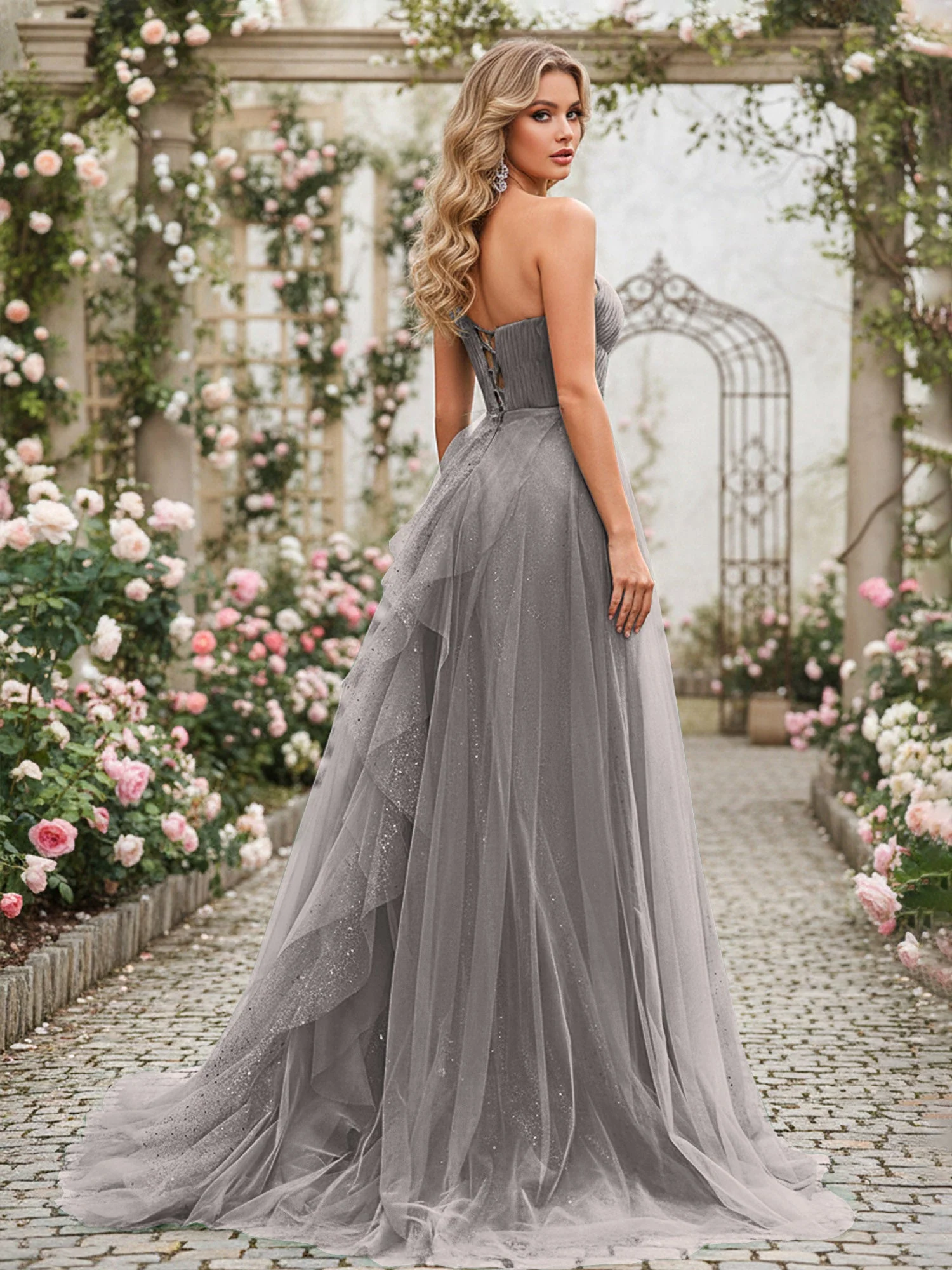 Glänzend Tüll A-Linie Kleid mit kaskadierenden Rüschen Stahlgrau - Image 2