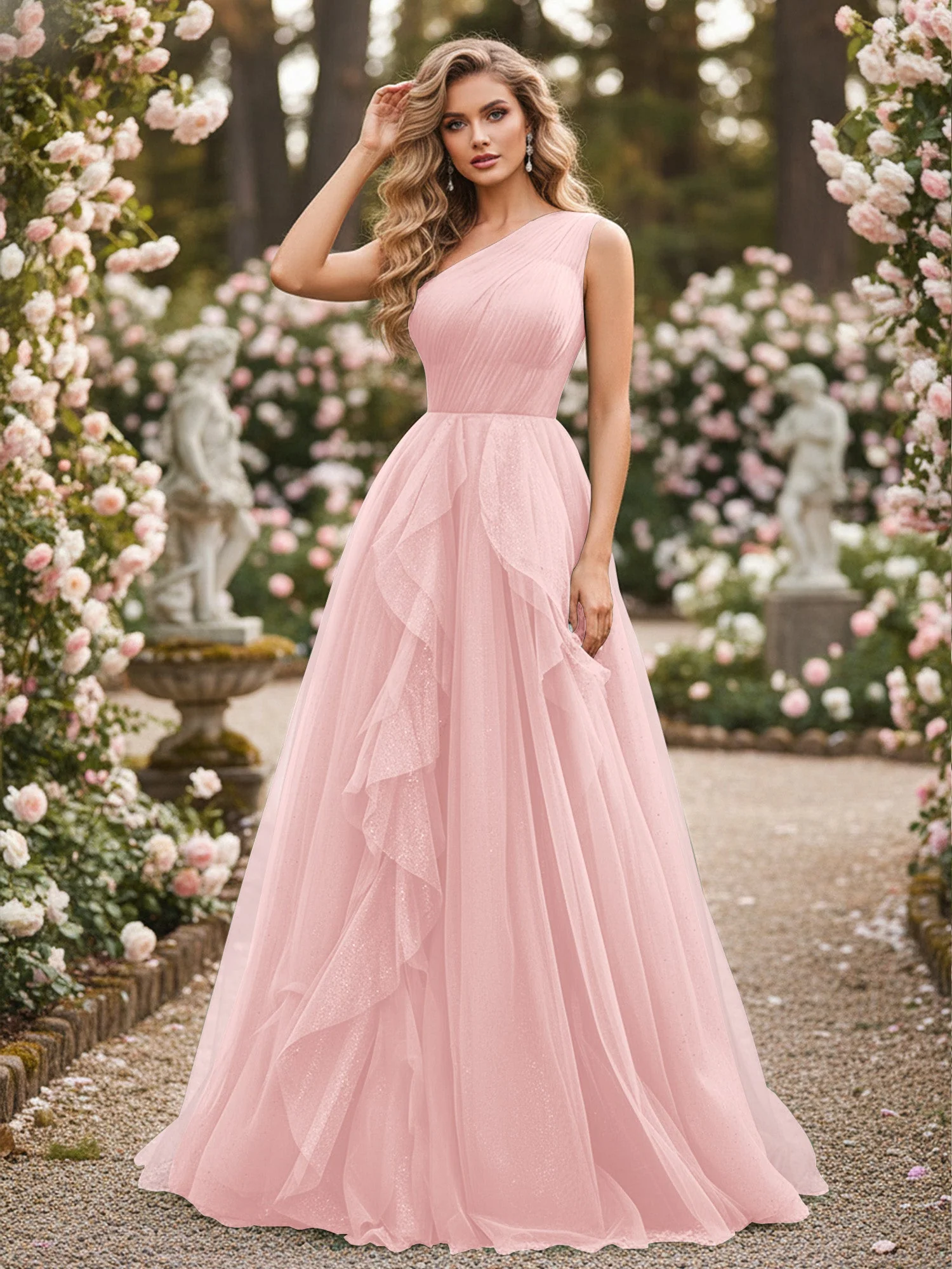 Glänzend Tüll A-Linie Kleid mit kaskadierenden Rüschen Staubige Rosa