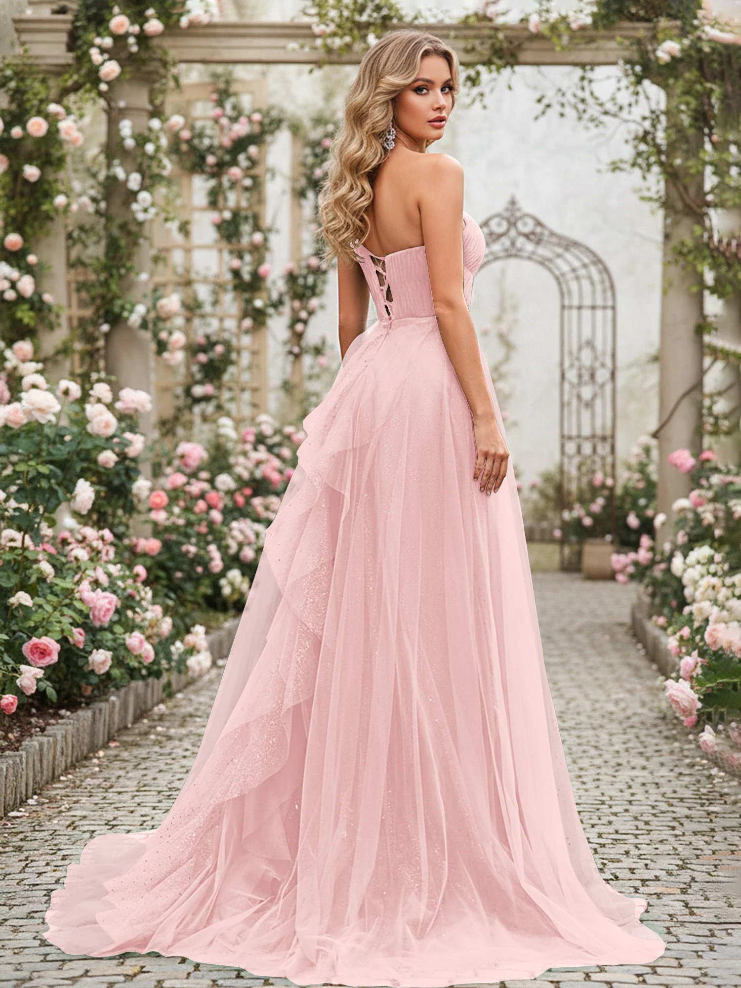 Glänzend Tüll A-Linie Kleid mit kaskadierenden Rüschen Staubige Rosa - Image 2