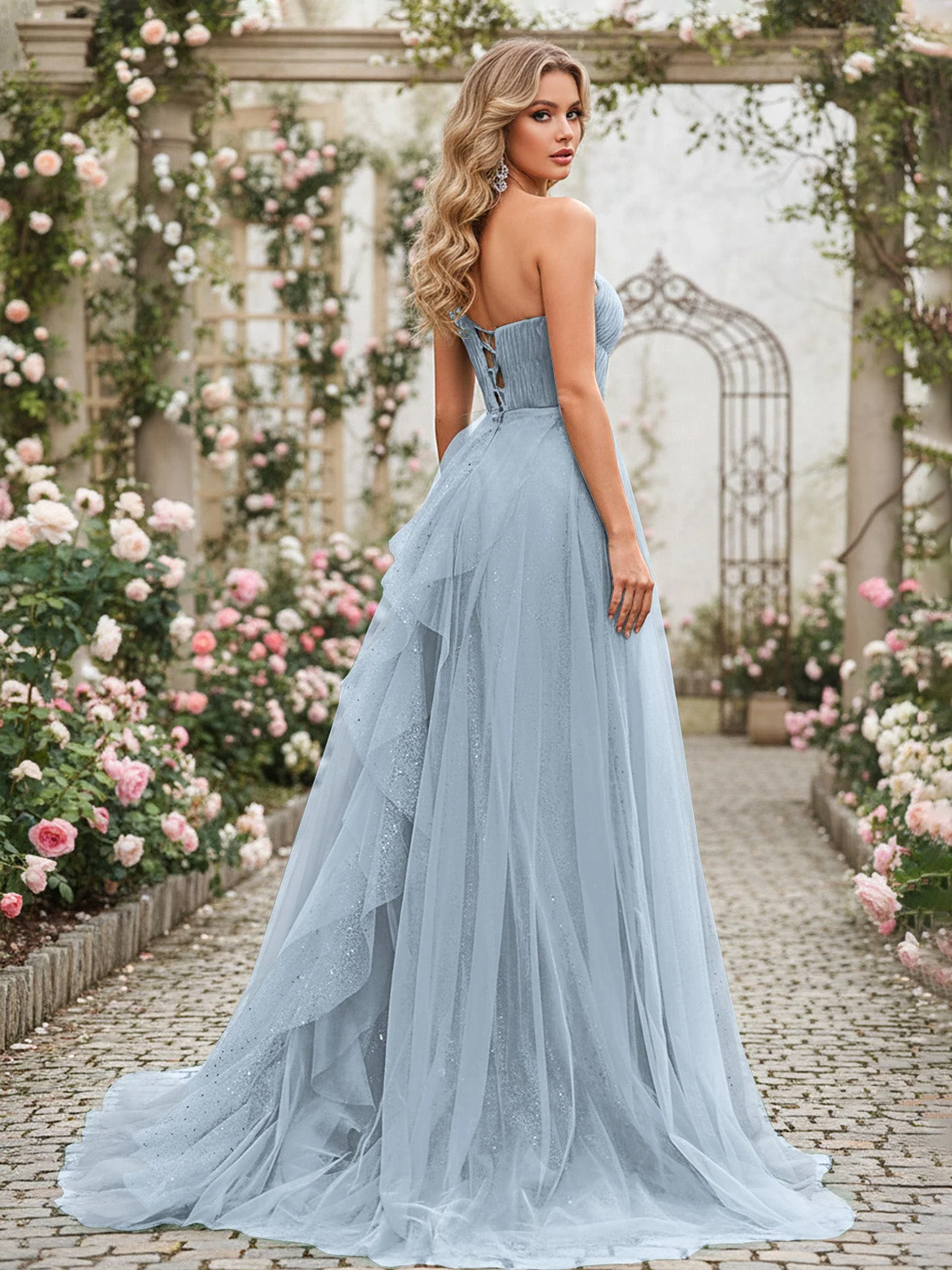 Glänzend Tüll A-Linie Kleid mit kaskadierenden Rüschen Staubiges Blau - Image 2