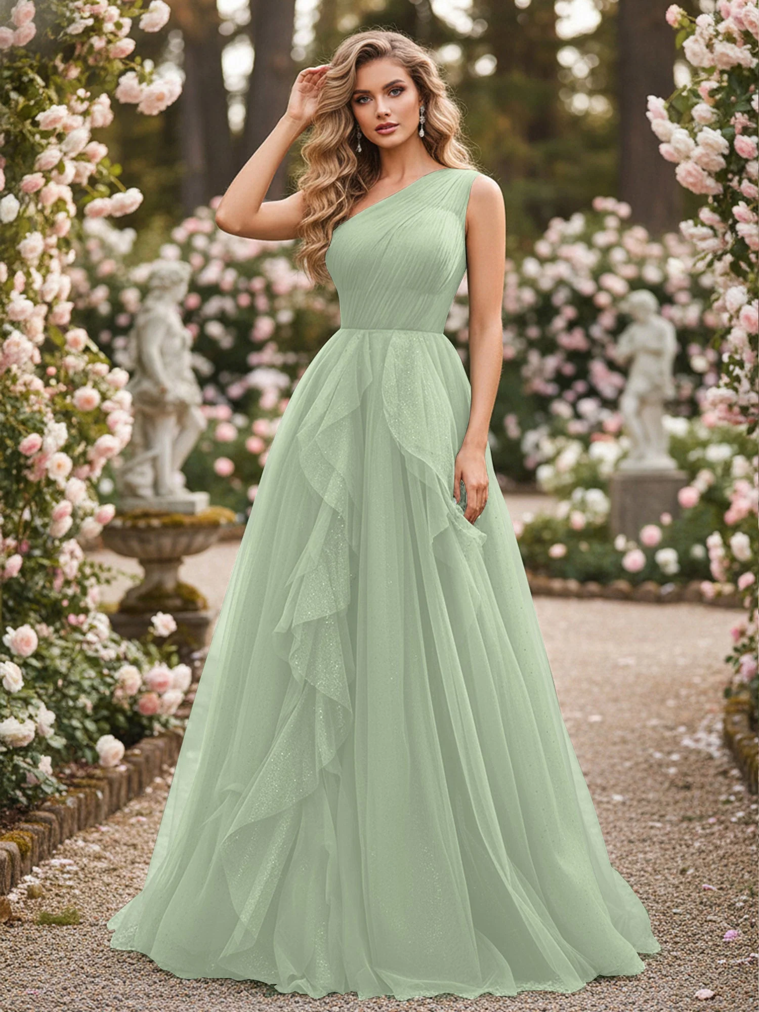 Glänzend Tüll A-Linie Kleid mit kaskadierenden Rüschen Staubiges Salbei