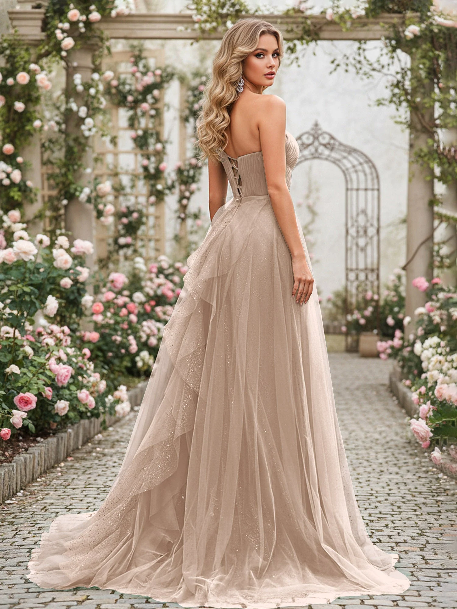 Glänzend Tüll A-Linie Kleid mit kaskadierenden Rüschen Taupe - Image 2