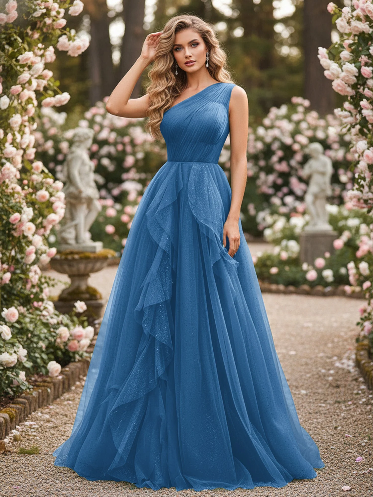 Glänzend Tüll A-Linie Kleid mit kaskadierenden Rüschen Tinte Blau