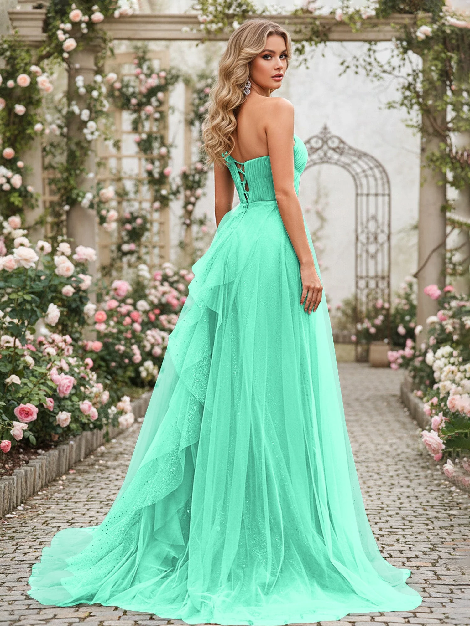 Glänzend Tüll A-Linie Kleid mit kaskadierenden Rüschen Türkis - Image 2
