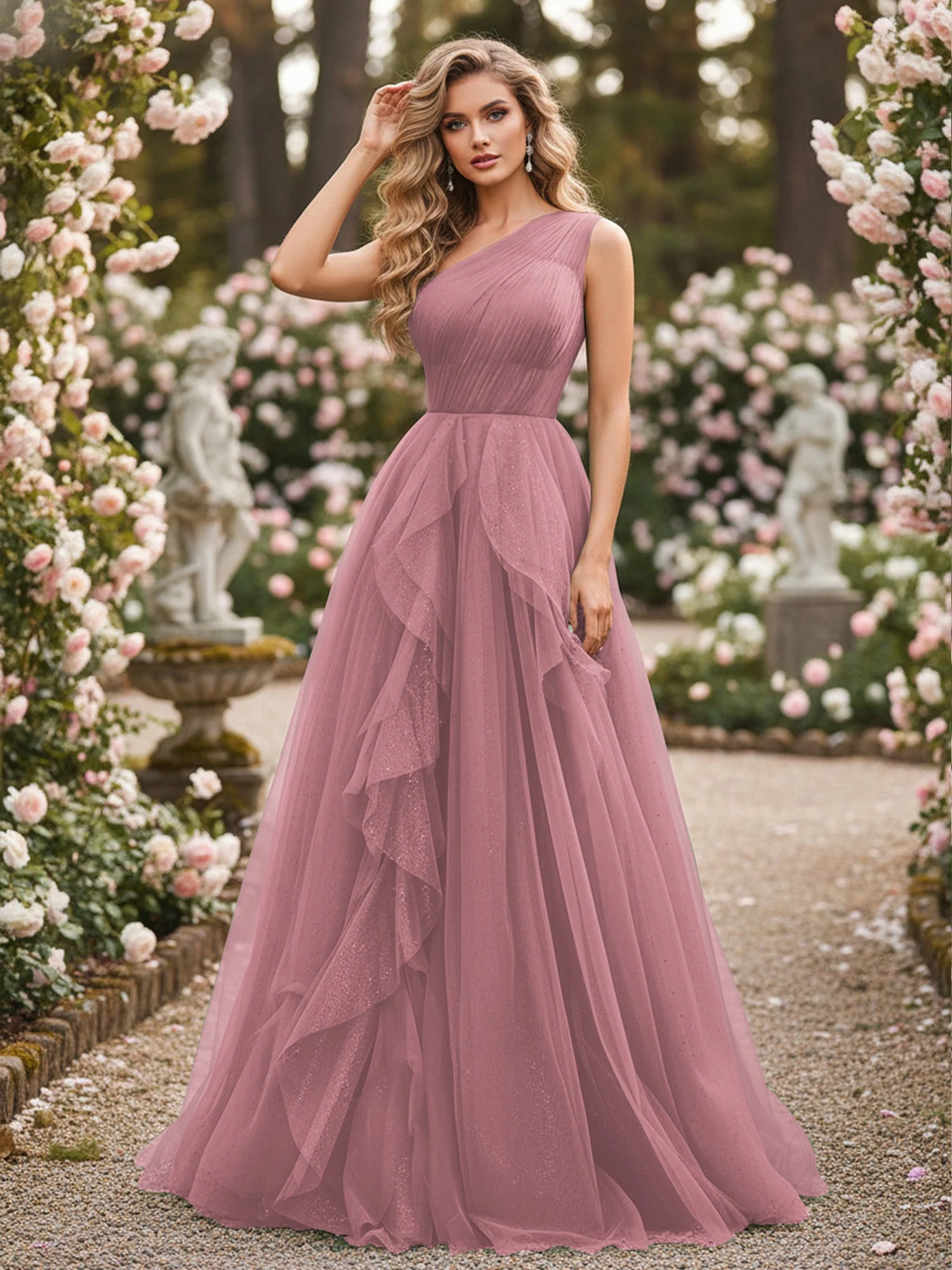 Glänzend Tüll A-Linie Kleid mit kaskadierenden Rüschen Vintage Mauve