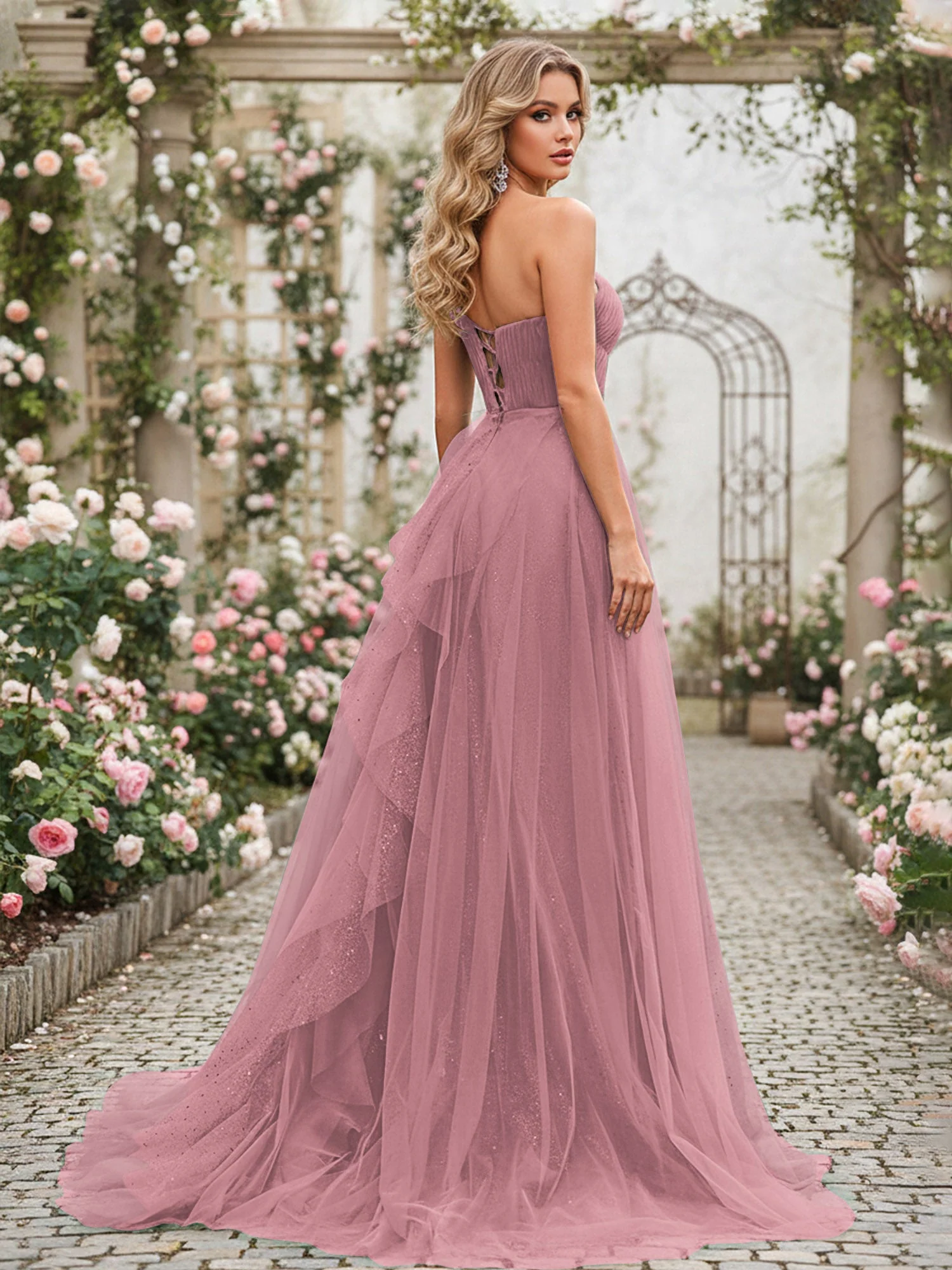 Glänzend Tüll A-Linie Kleid mit kaskadierenden Rüschen Vintage Mauve - Image 2
