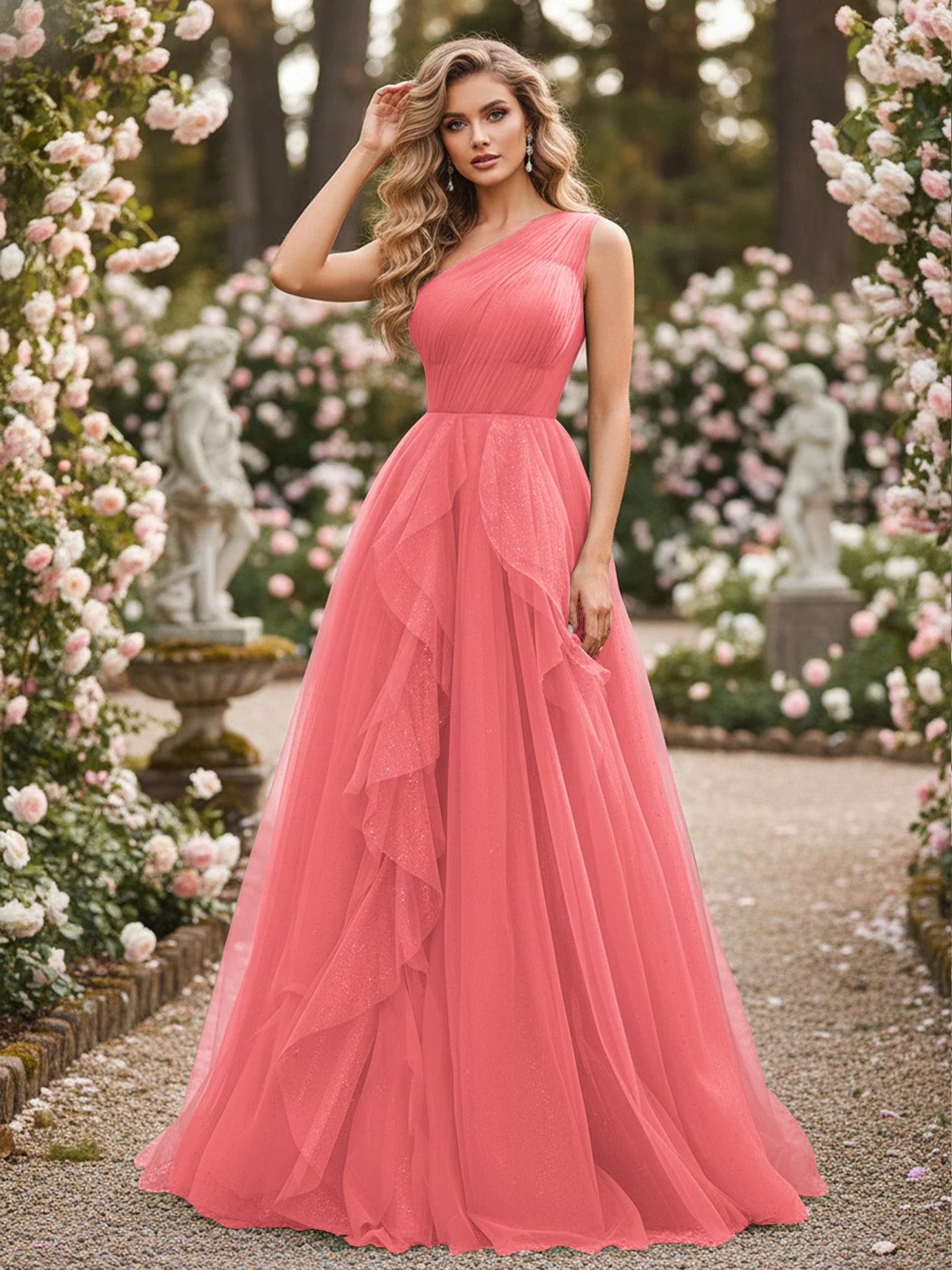 Glänzend Tüll A-Linie Kleid mit kaskadierenden Rüschen Wassermelone