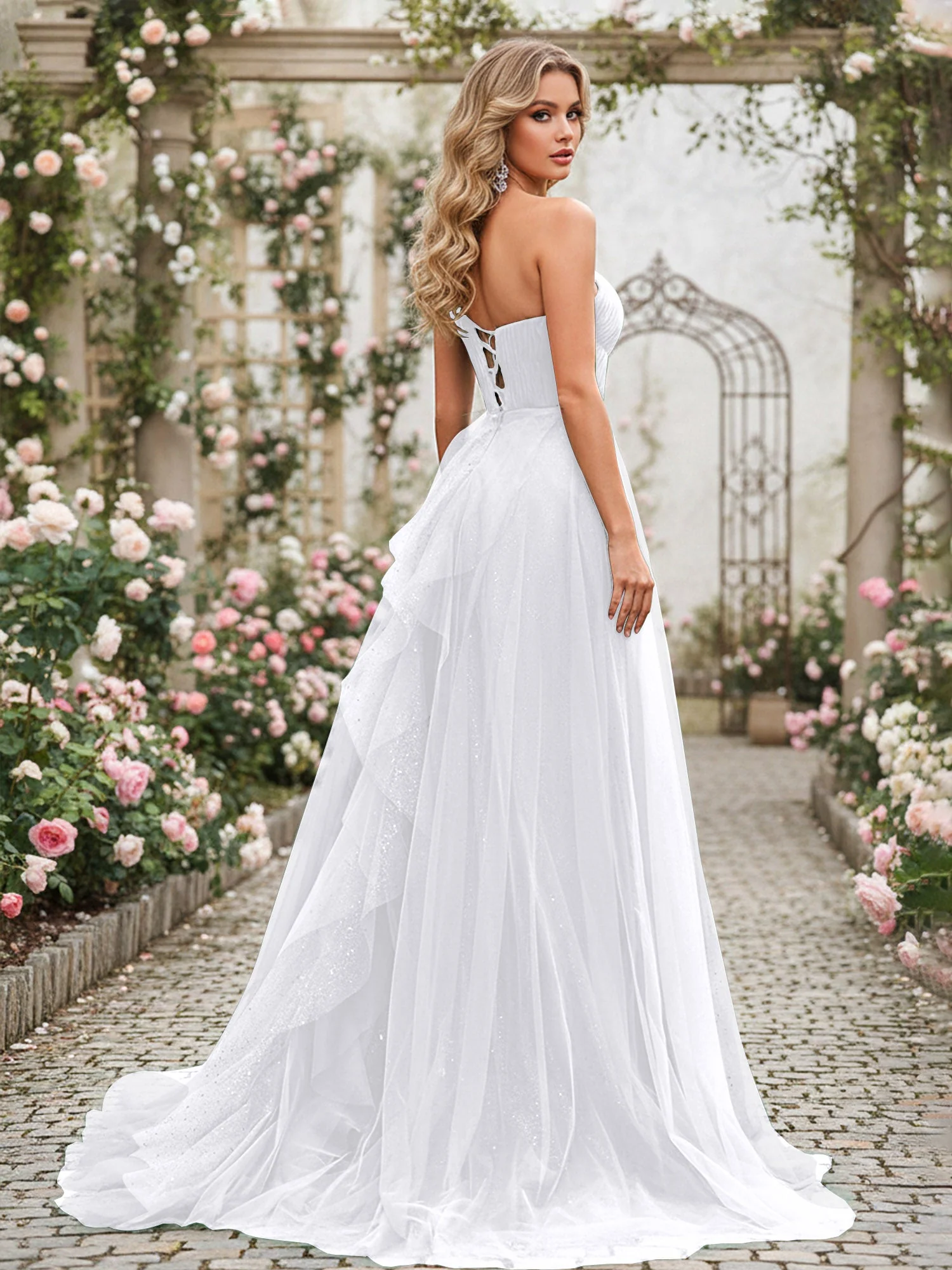 Glänzend Tüll A-Linie Kleid mit kaskadierenden Rüschen Weiß - Image 2
