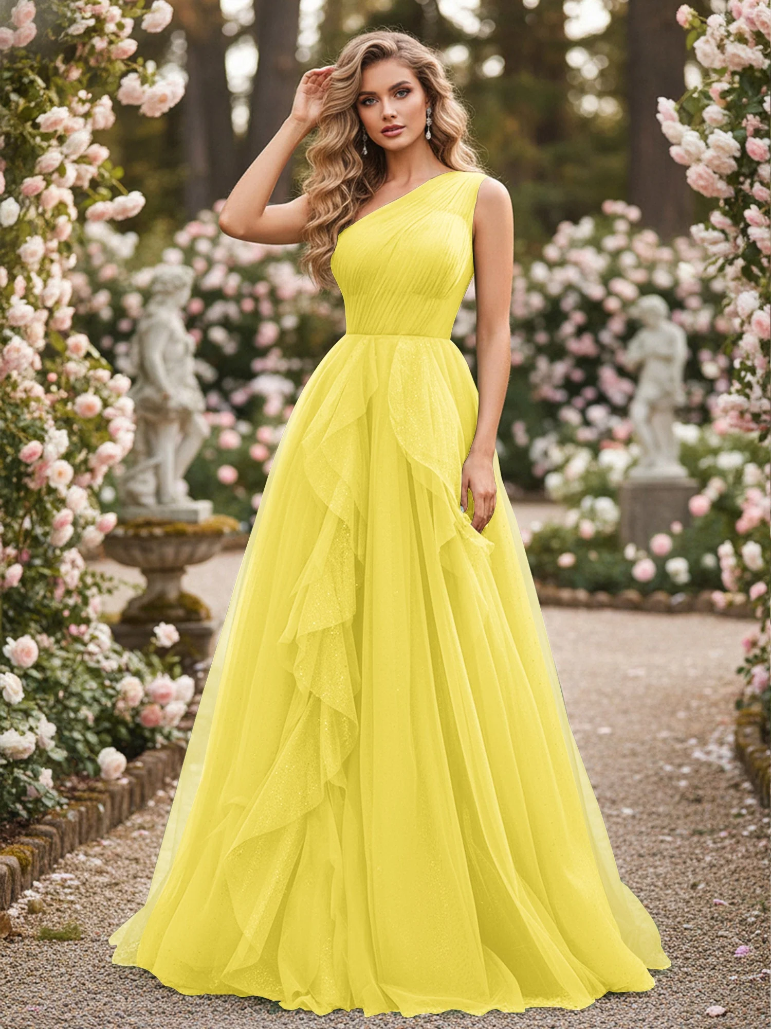 Glänzend Tüll A-Linie Kleid mit kaskadierenden Rüschen Zitrone