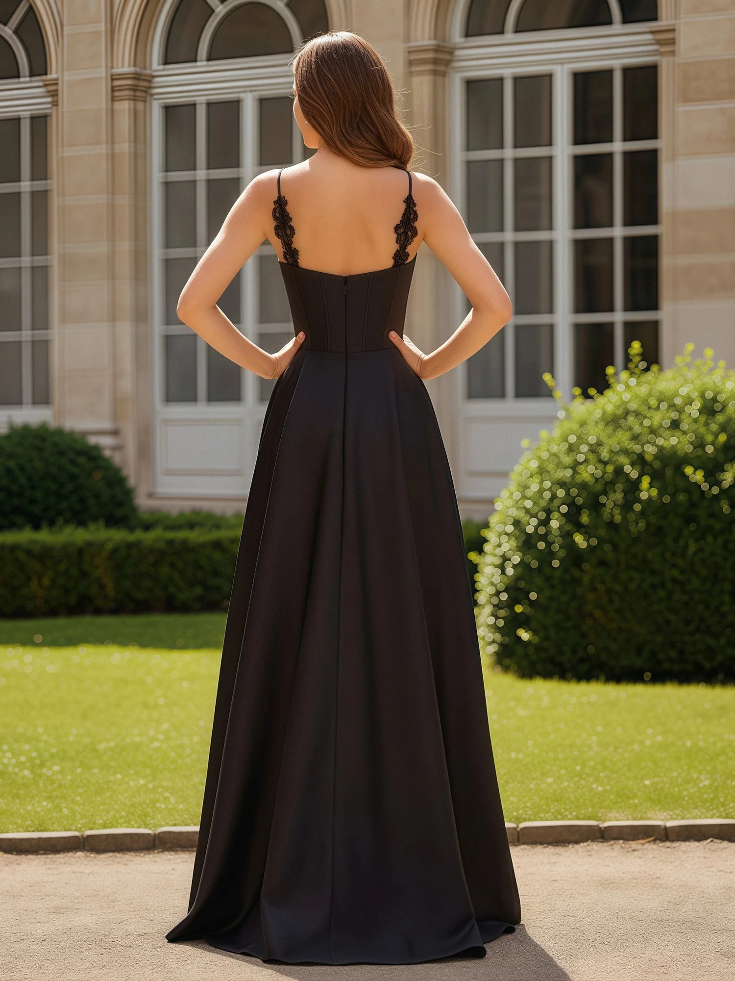 Spaghettiträger Spitze Herzform Ausschnitt Lang Kleid Schwarz - Image 2