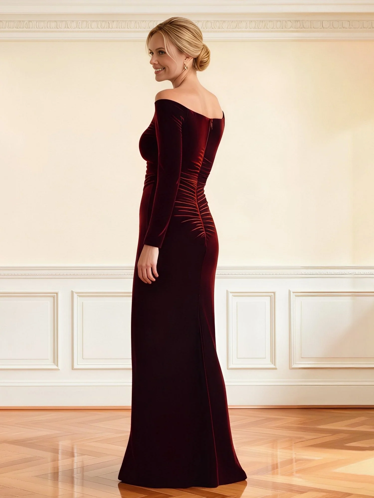 Schulterfrei V-Schnitt Langarm Samt Kleid Champagner - Image 2