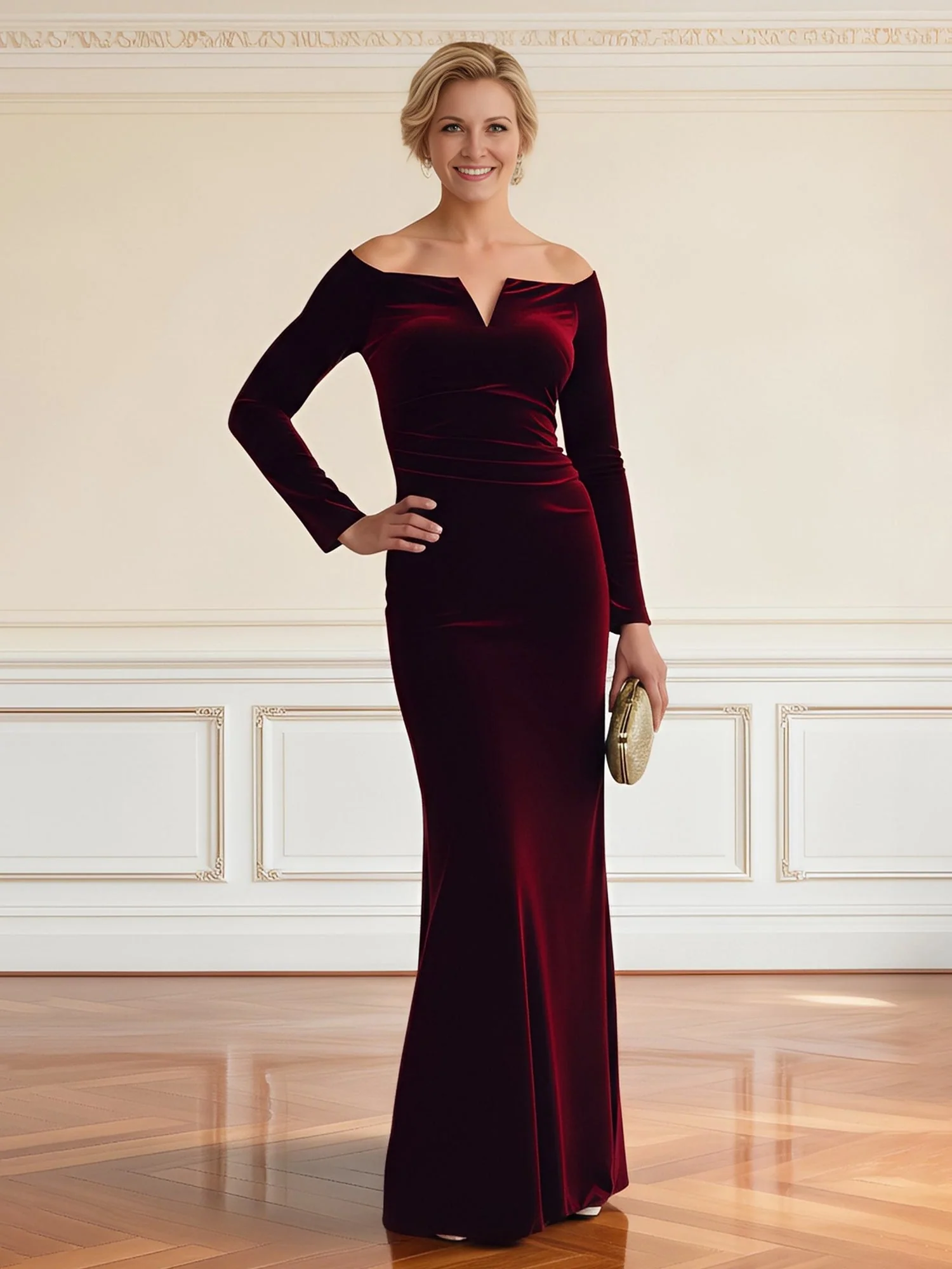 Schulterfrei V-Schnitt Langarm Samt Kleid Schwarz