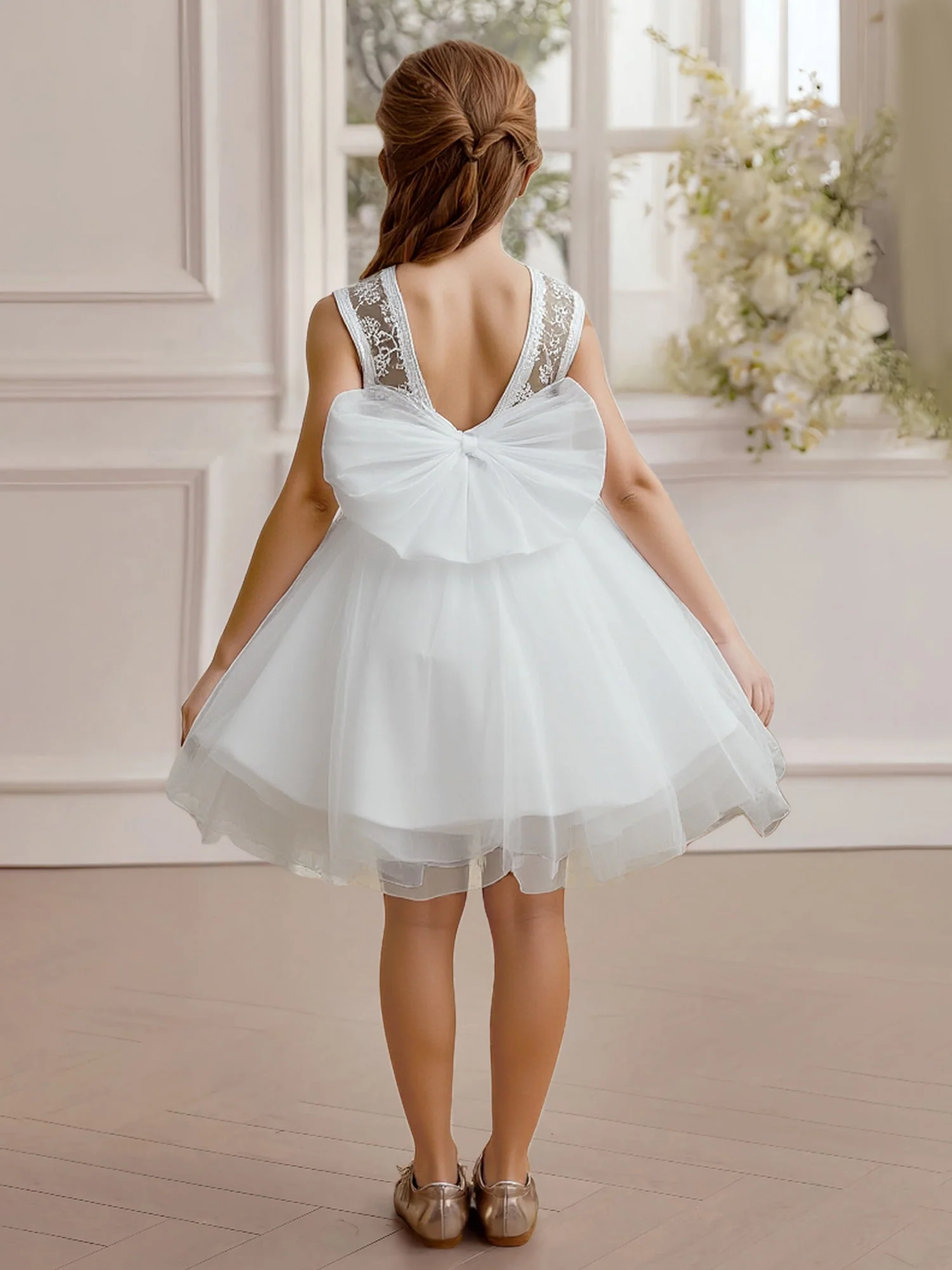 Spitze Rücken Groß Schleife Tüll Rock Party Blumenmädchen Kleid Weiß - Image 2