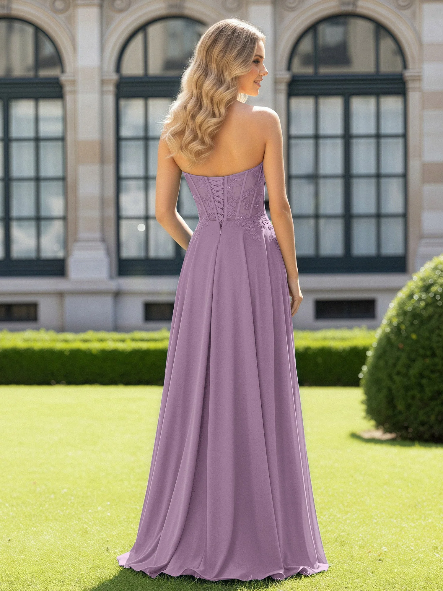 Plissee Herzform Applique Korsett Kleid mit Schlitz Blauregen - Image 2