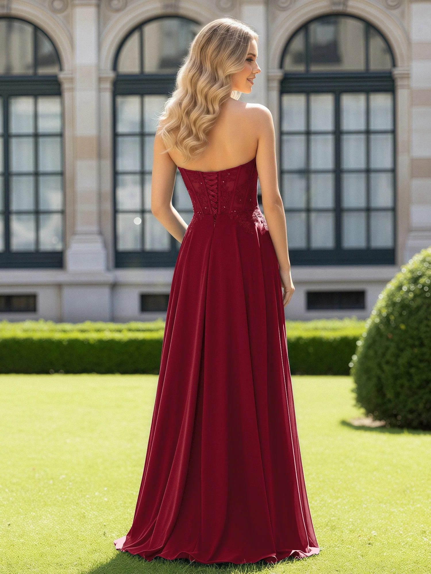 Plissee Herzform Applique Korsett Kleid mit Schlitz Burgunderrot - Image 2