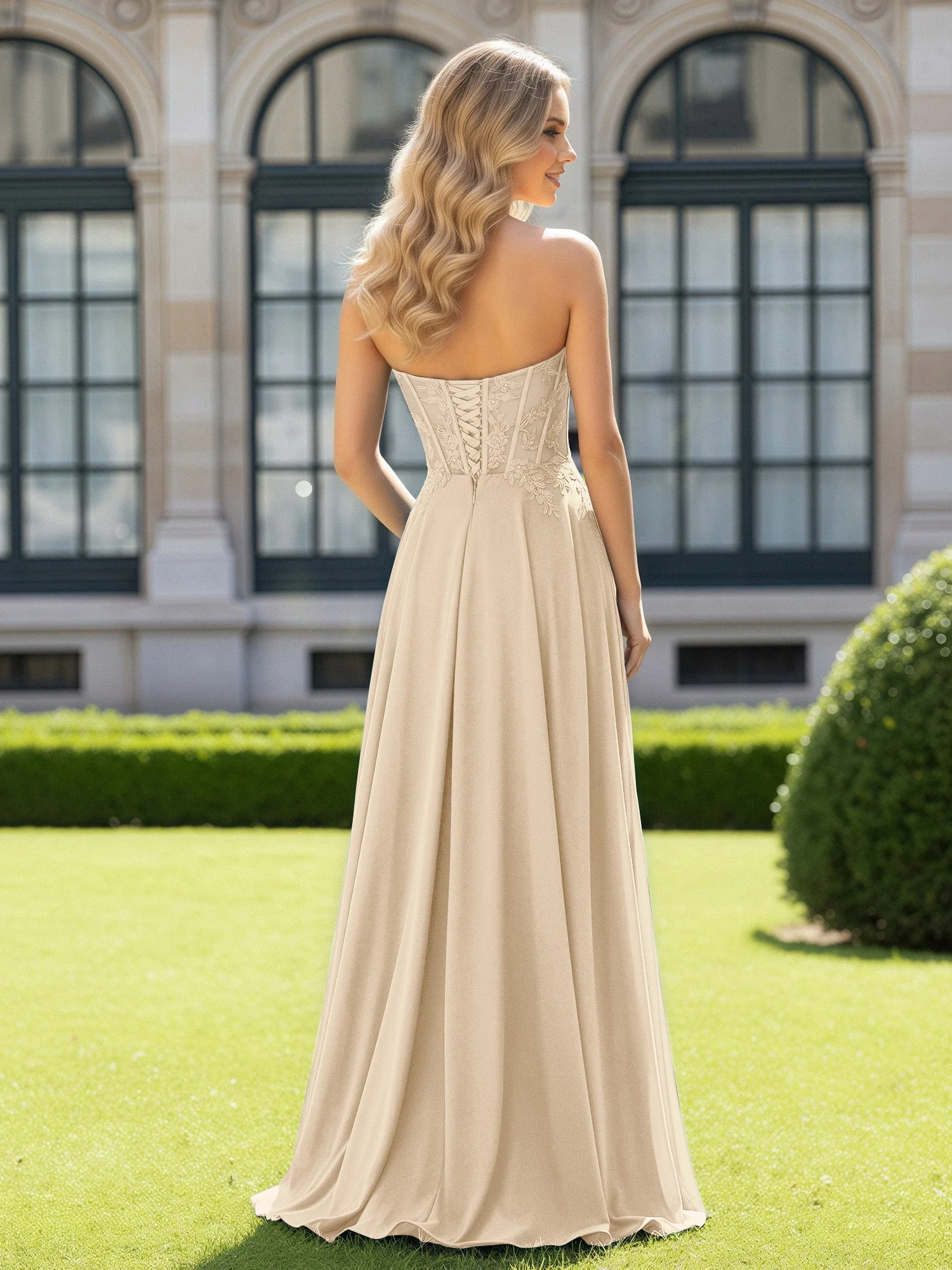 Plissee Herzform Applique Korsett Kleid mit Schlitz Champagner - Image 2