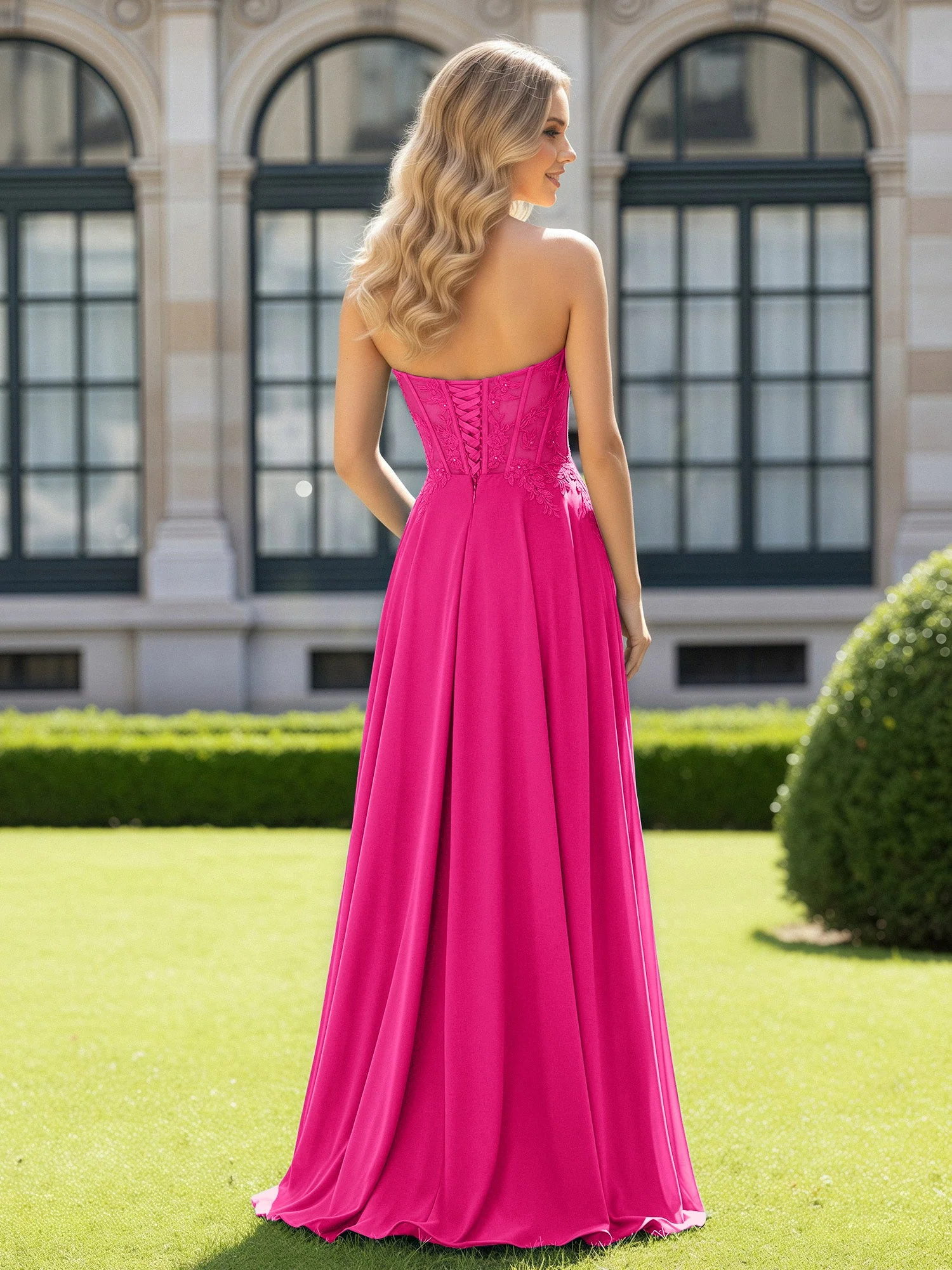Plissee Herzform Applique Korsett Kleid mit Schlitz Fuchsia - Image 2