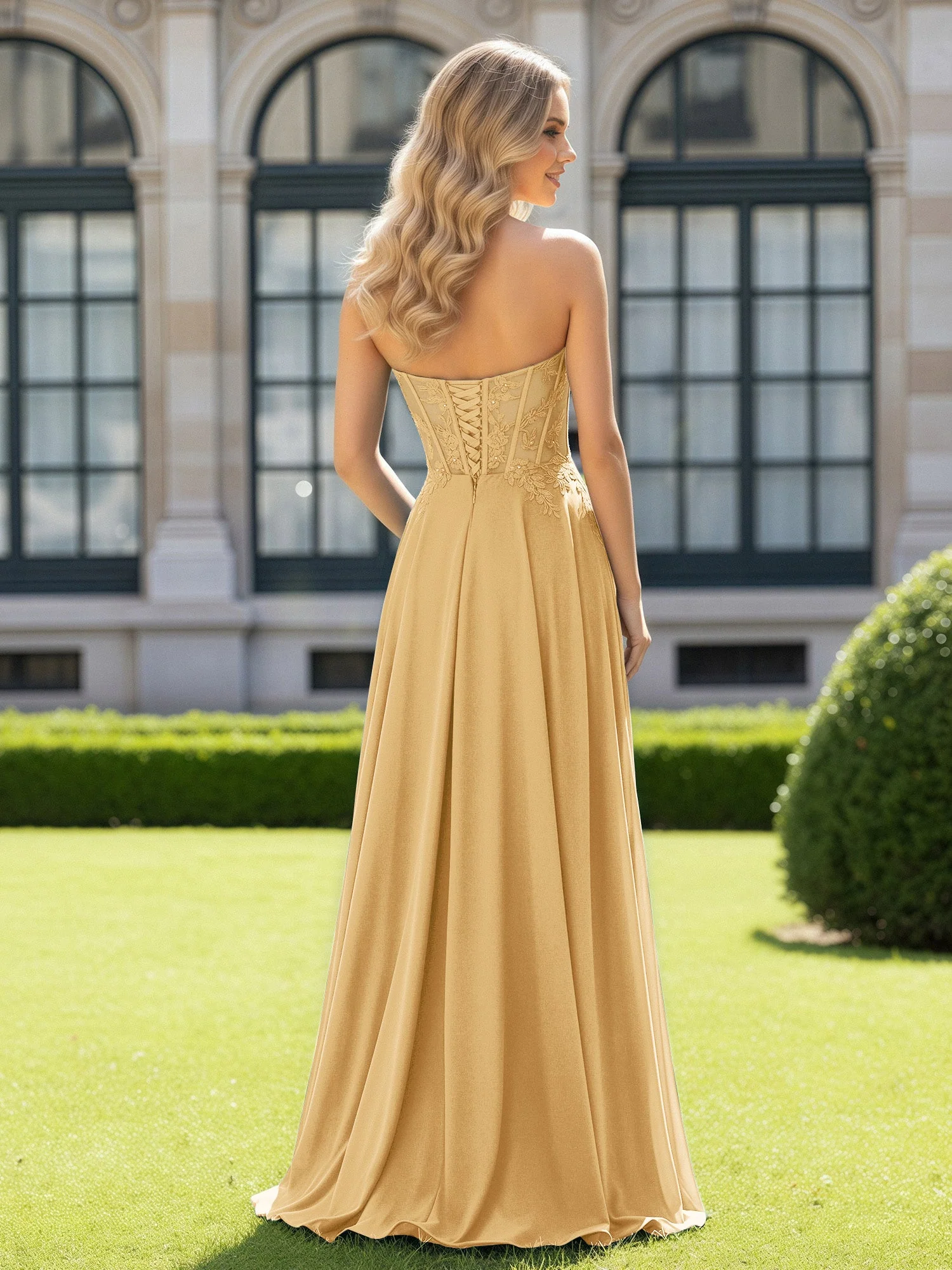 Plissee Herzform Applique Korsett Kleid mit Schlitz Gold - Image 2