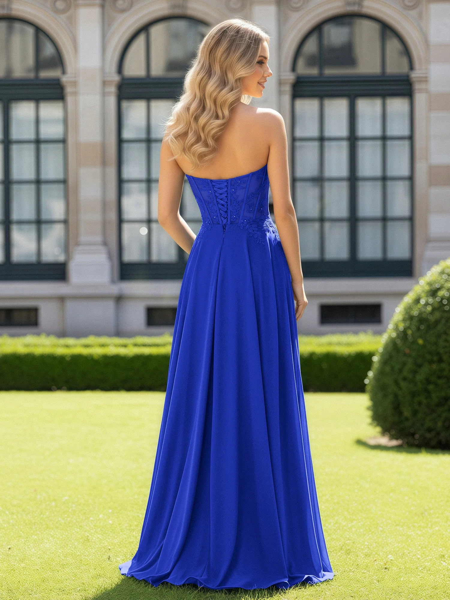 Plissee Herzform Applique Korsett Kleid mit Schlitz Königsblau - Image 2