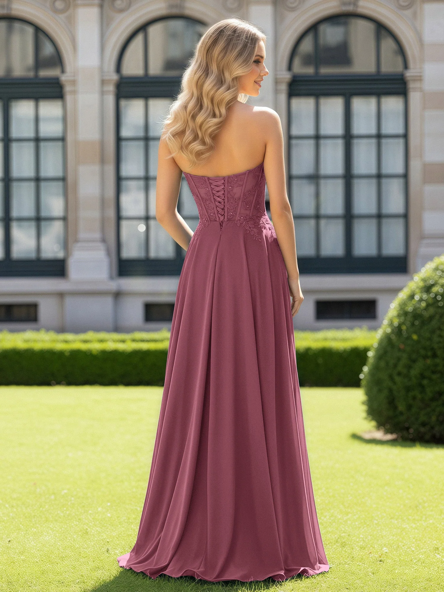 Plissee Herzform Applique Korsett Kleid mit Schlitz Maulbeere - Image 2