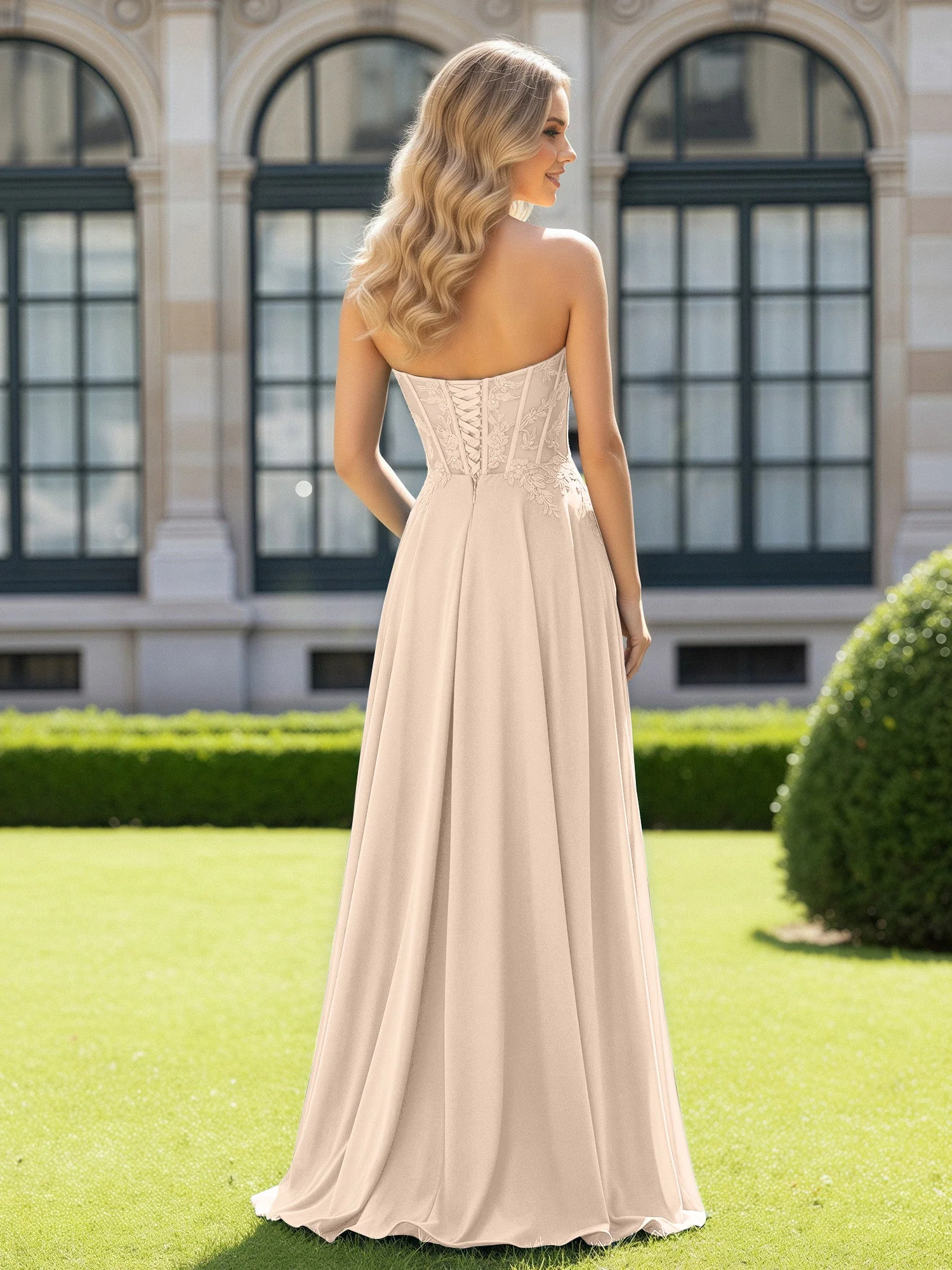 Plissee Herzform Applique Korsett Kleid mit Schlitz Pfirsich - Image 2